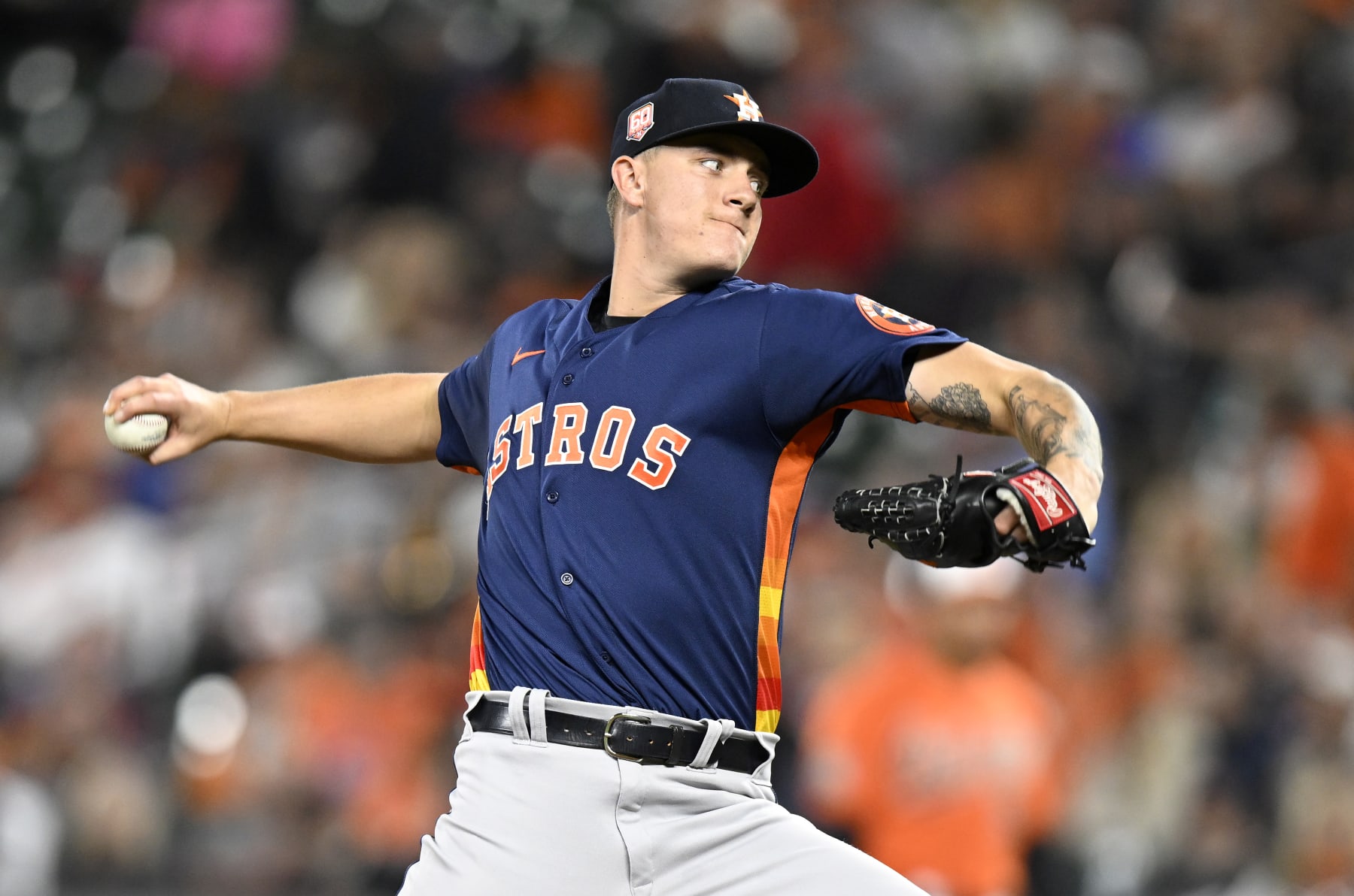 BALTIMORE, MARYLAND - SEPTEMBER 24: Hunter Brown #58 of the Houston Astros pitches against the Baltimore Orioles at Oriole Park at Camden Yards on September 24, 2022 in Baltimore, Maryland. (Photo by G Fiume/Getty Images)