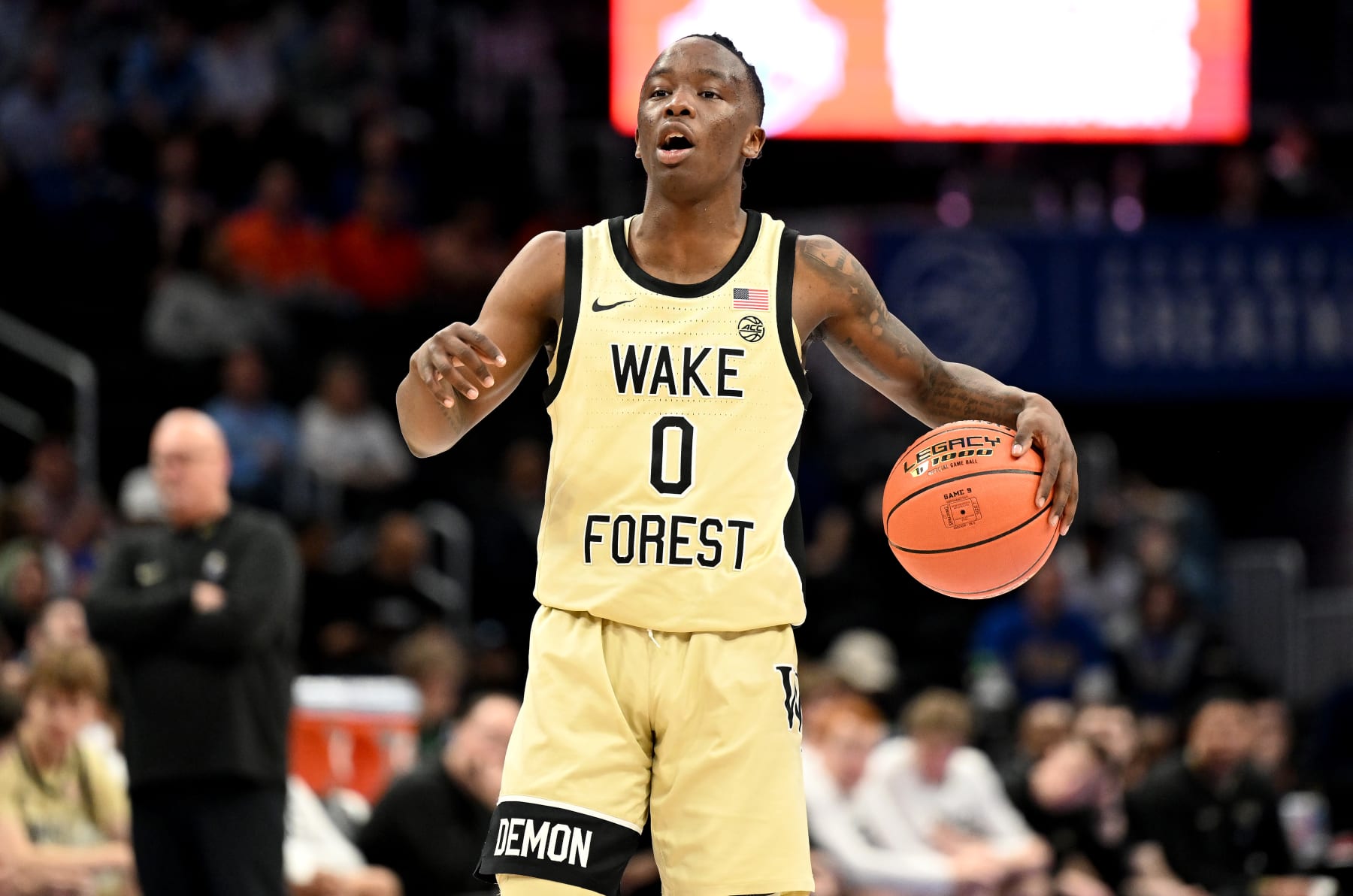 WASHINGTON, DC - MARCH 14: Kevin Miller #0 of the Wake Forest Demon Deacons handles the ball against the Pittsburgh Panthers in the Quarterfinals of the ACC Men's Basketball Tournament  at Capital One Arena on March 14, 2024 in Washington, DC. (Photo by G Fiume/Getty Images)