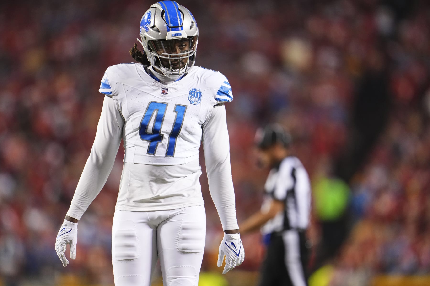 KANSAS CITY, MO - SEPTEMBER 07: James Houston #41 of the Detroit Lions looks on from the field during at GEHA Field at Arrowhead Stadium on September 7, 2023 in Kansas City, Missouri. (Photo by Cooper Neill/Getty Images)