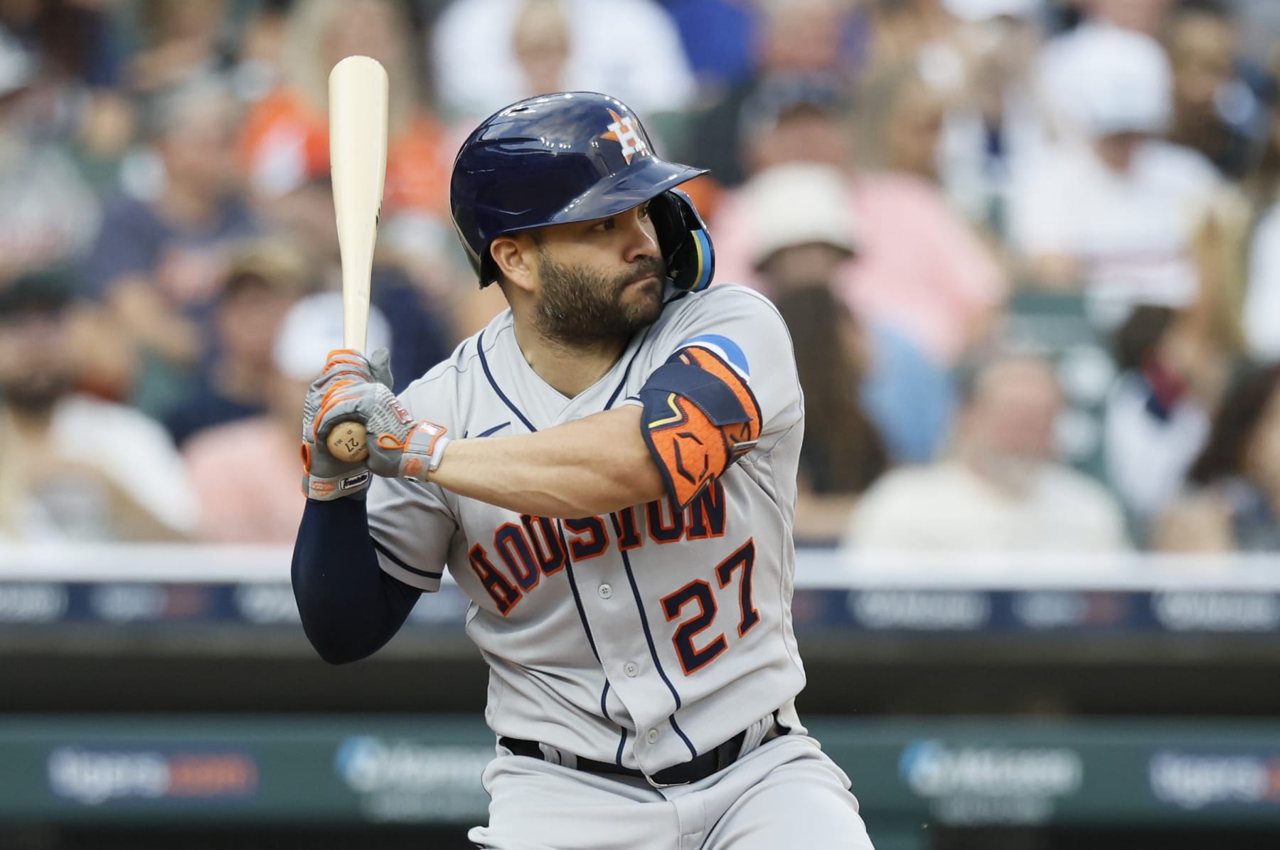 DETROIT, MI -  AUGUST 26:  Jose Altuve #27 of the Houston Astros bats against the Detroit Tigers at Comerica Park on August 26, 2023 in Detroit, Michigan. (Photo by Duane Burleson/Getty Images)