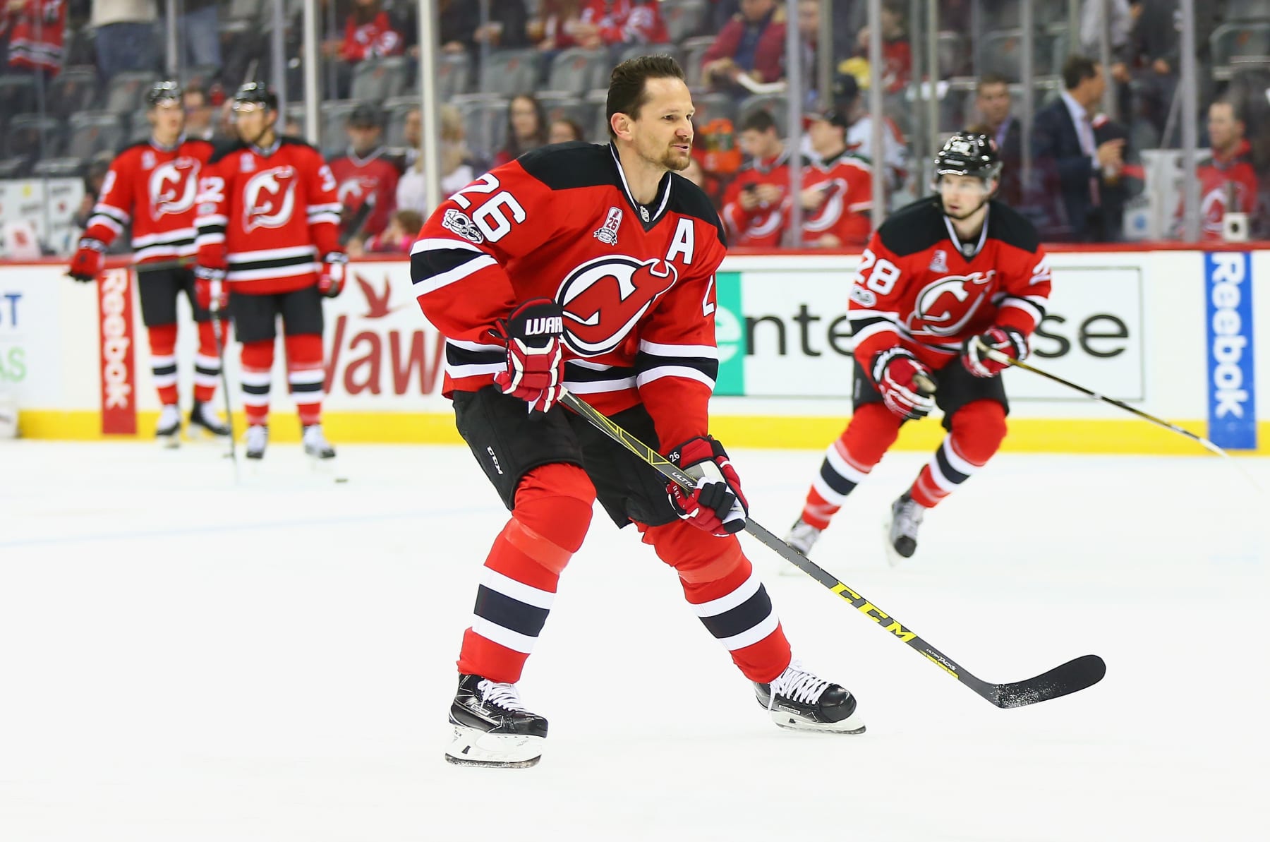 NEWARK, NJ - APRIL 08: Patrik Elias #26 of the New Jersey Devils skates during his last warmup after announcing his retirement prior to the game against the New York Islanders at Prudential Center on April 8, 2017 in Newark, New Jersey. (Photo by Andy Marlin/NHLI via Getty Images)