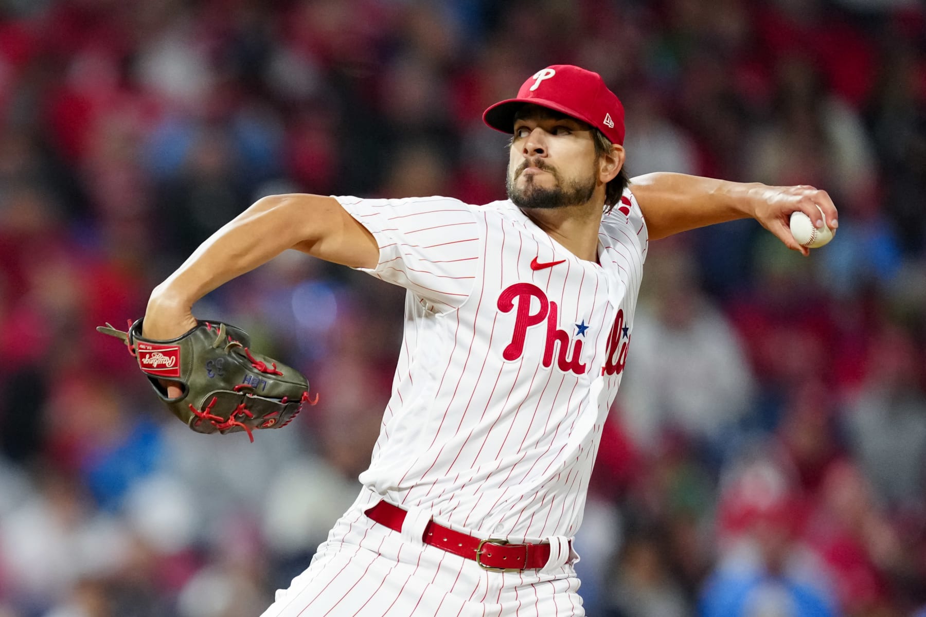 PHILADELPHIA, PA - OCTOBER 22:   Brad Hand #52 of the Philadelphia Phillies pitches in the fifth inning during Game 4 of the NLCS between the San Diego Padres and the Philadelphia Phillies at Citizens Bank Park on Saturday, October 22, 2022 in Philadelphia, Pennsylvania. (Photo by Daniel Shirey/MLB Photos via Getty Images)