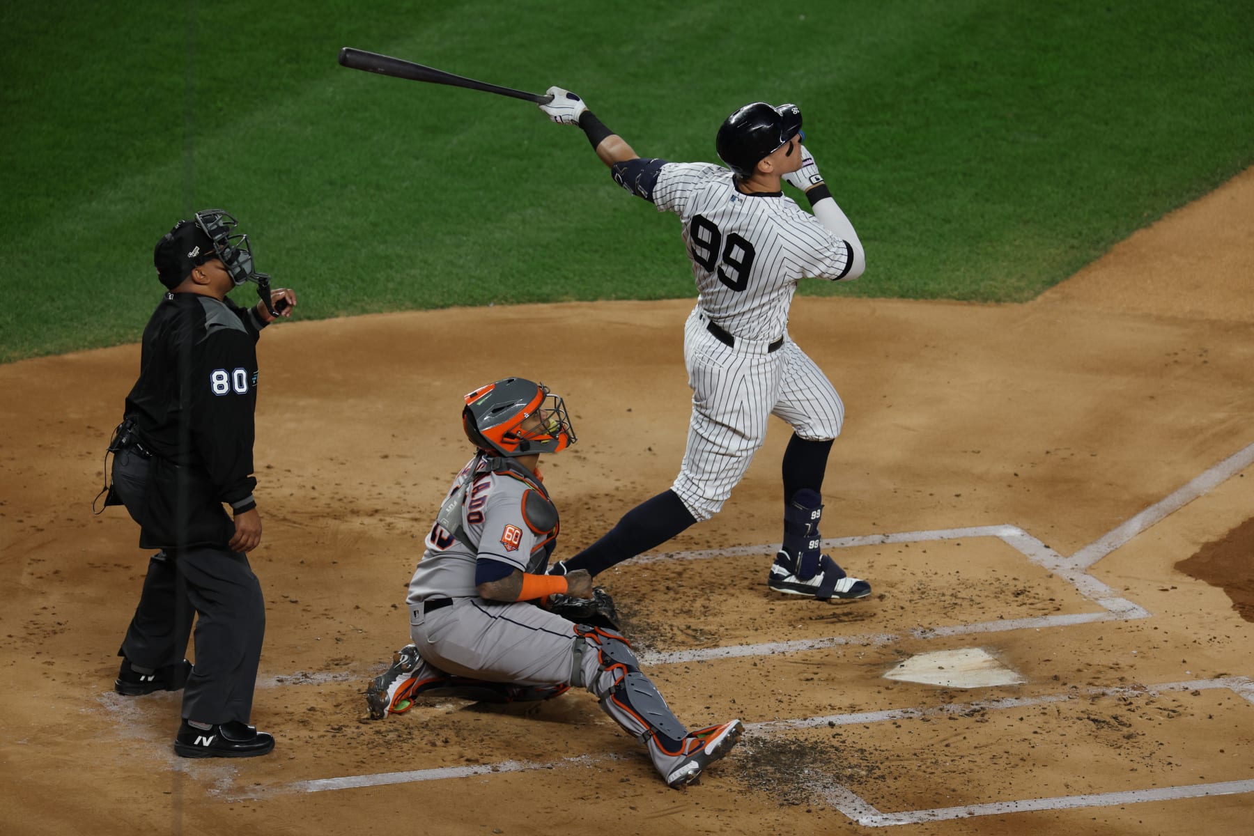 NEW YORK, NEW YORK - OCTOBER 23: Aaron Judge #99 of the New York Yankees flies out in the first inning in game four of the American League Championship Series against the Houston Astros at Yankee Stadium on October 23, 2022 in the Bronx borough of New York City. (Photo by Jamie Squire/Getty Images)
