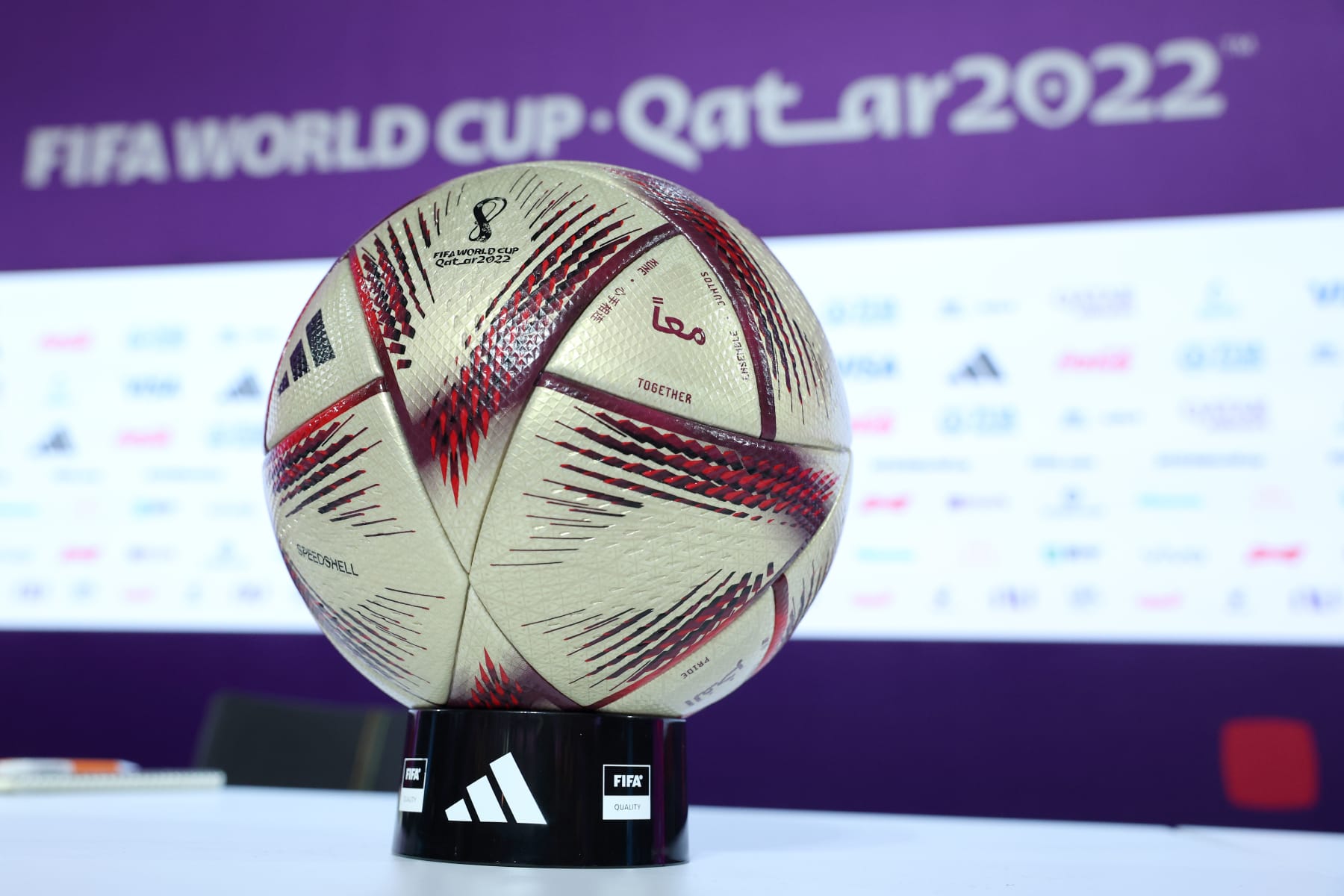 DOHA, QATAR - DECEMBER 12: The adidas 'Al Hilm' Official Finals Match Ball is seen ahead of the Argentina Press Conference at  on December 12, 2022 in Doha, Qatar. (Photo by Mark Metcalfe - FIFA/FIFA via Getty Images)