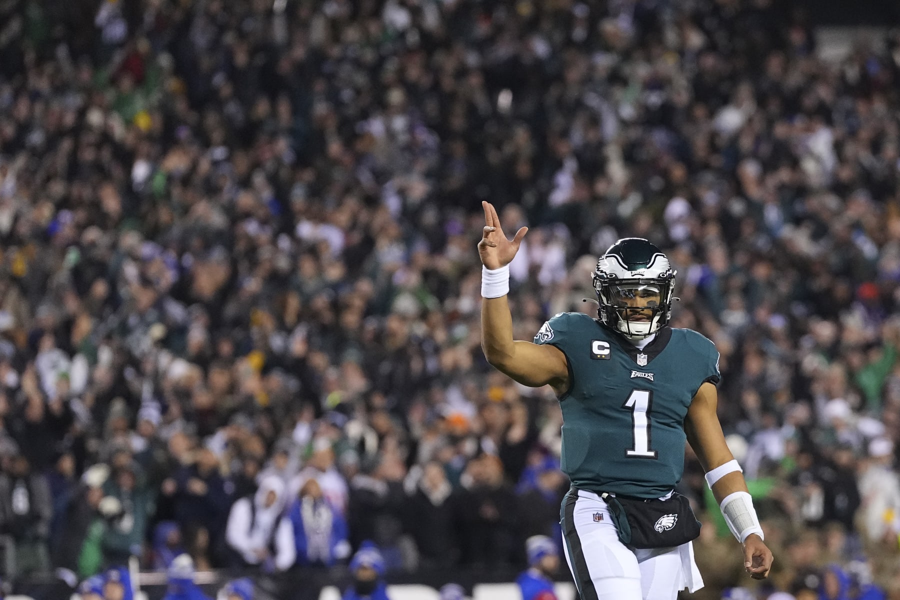PHILADELPHIA, PA - JANUARY 21: Jalen Hurts #1 of the Philadelphia Eagles reacts against the New York Giants during the NFC Divisional Playoff game at Lincoln Financial Field on January 21, 2023 in Philadelphia, Pennsylvania. (Photo by Mitchell Leff/Getty Images)