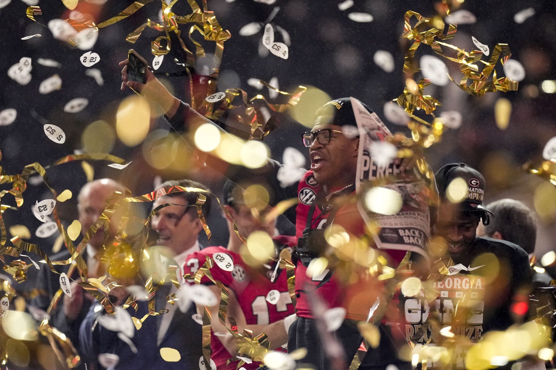 Georgia players celebrate victory over TCU after the national championship NCAA College Football Playoff game, Monday, Jan. 9, 2023, in Inglewood, Calif. Georgia won 65-7. (AP Photo/Mark J. Terrill)