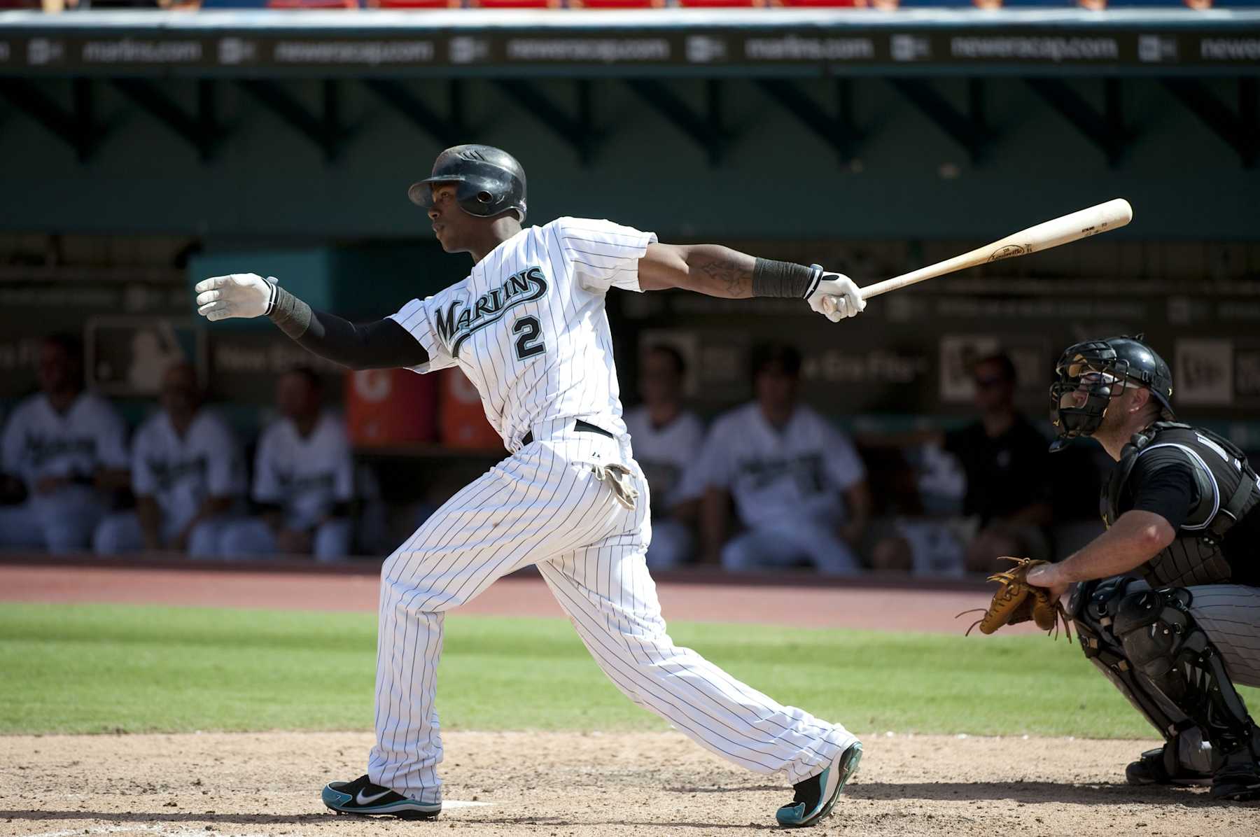 MIAMI, FL - AUGUST 16: Hanley Ramirez #2 of the Florida Marlins bats during the first game of a MLB doubleheader against the Colorado Rockies on August 16, 2009 at Land Shark Stadium in Miami, Florida. (Photo by Ronald C. Modra/Getty Images)