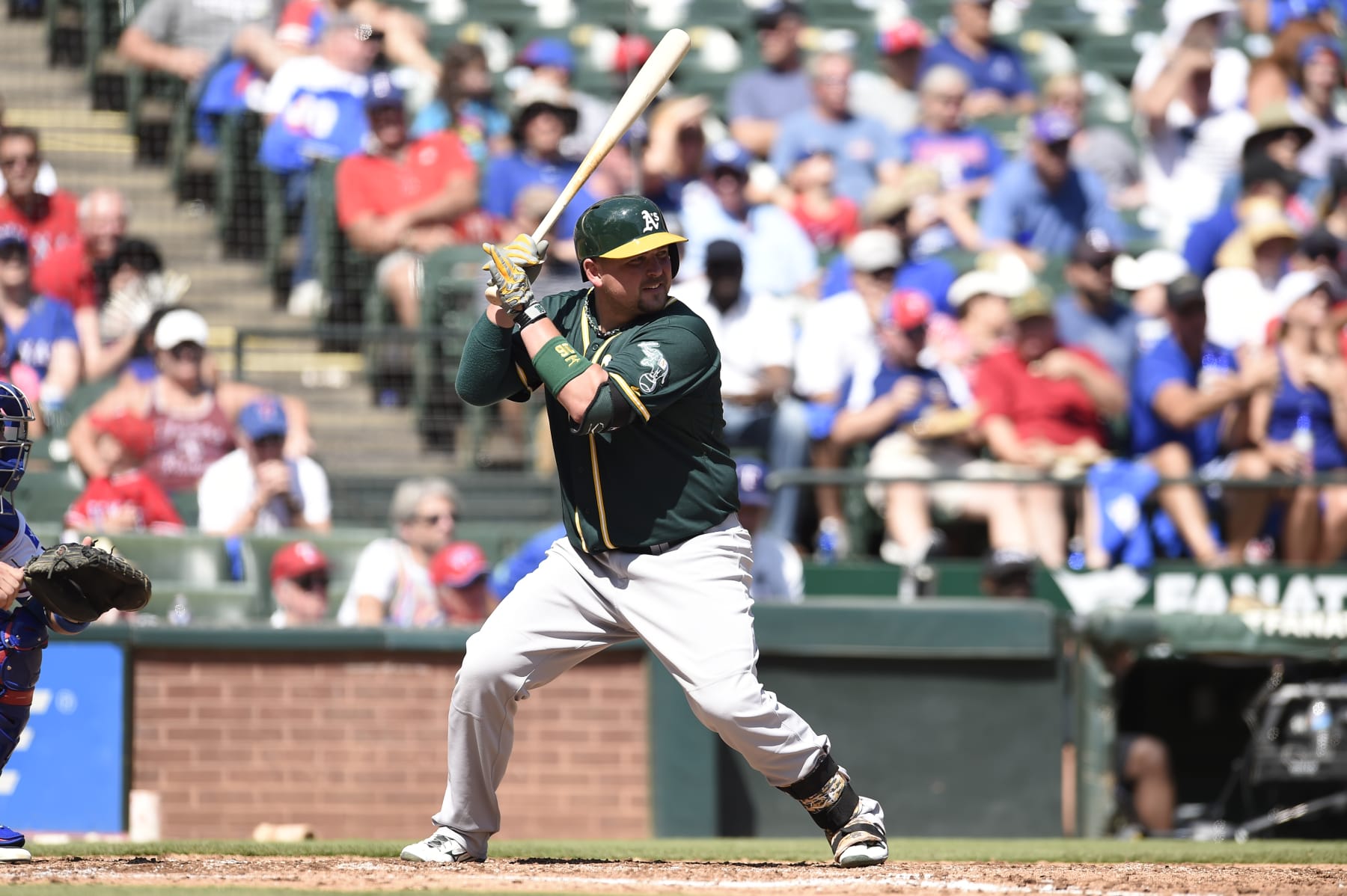 ARLINGTON, TX - SEPTEMBER 13: Billy Butler #16 of the Oakland Athletics bats against the Texas Rangers at Globe Life Park in Arlington on September 13, 2015 in Arlington, Texas. The Texas Rangers defeated the Oakland Athletics 12-4. (Photo by John Williamson/MLB Photos via Getty Images)