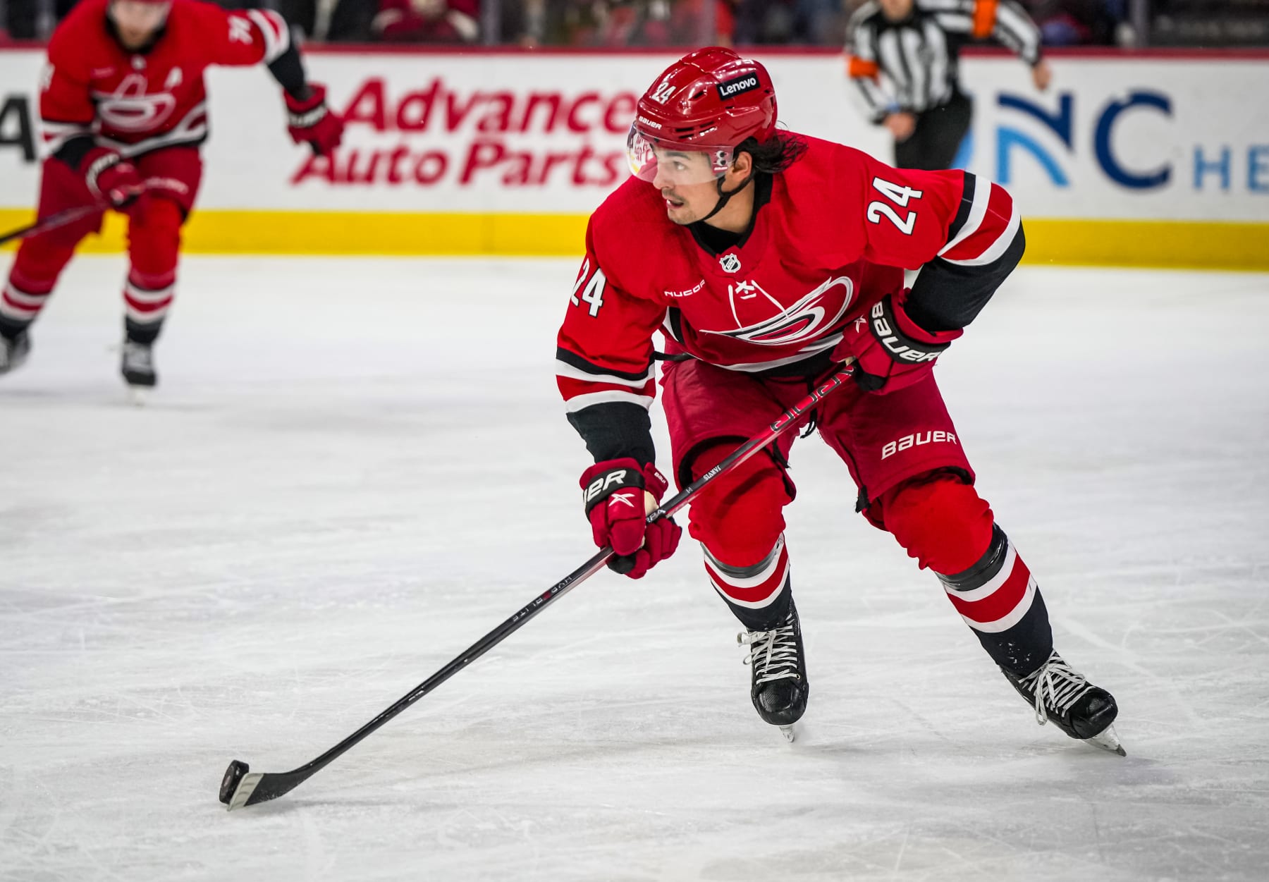 RALEIGH, NORTH CAROLINA - FEBRUARY 06: Seth Jarvis #24 of the Carolina Hurricanes skates during the second period against the Vancouver Canucks at PNC Arena on February 06, 2024 in Raleigh, North Carolina. (Photo by Josh Lavallee/NHLI via Getty Images)