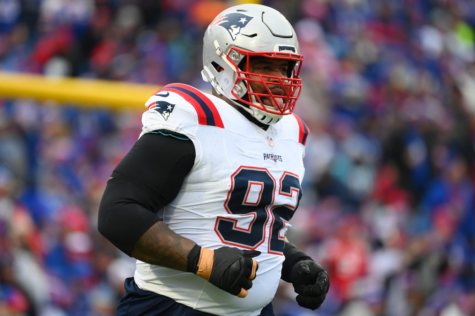 ORCHARD PARK, NEW YORK - DECEMBER 31: Davon Godchaux #92 of the New England Patriots prior to the game against the Buffalo Bills at Highmark Stadium on December 31, 2023 in Orchard Park, New York. The Bills won 27-21. (Photo by Rich Barnes/Getty Images)