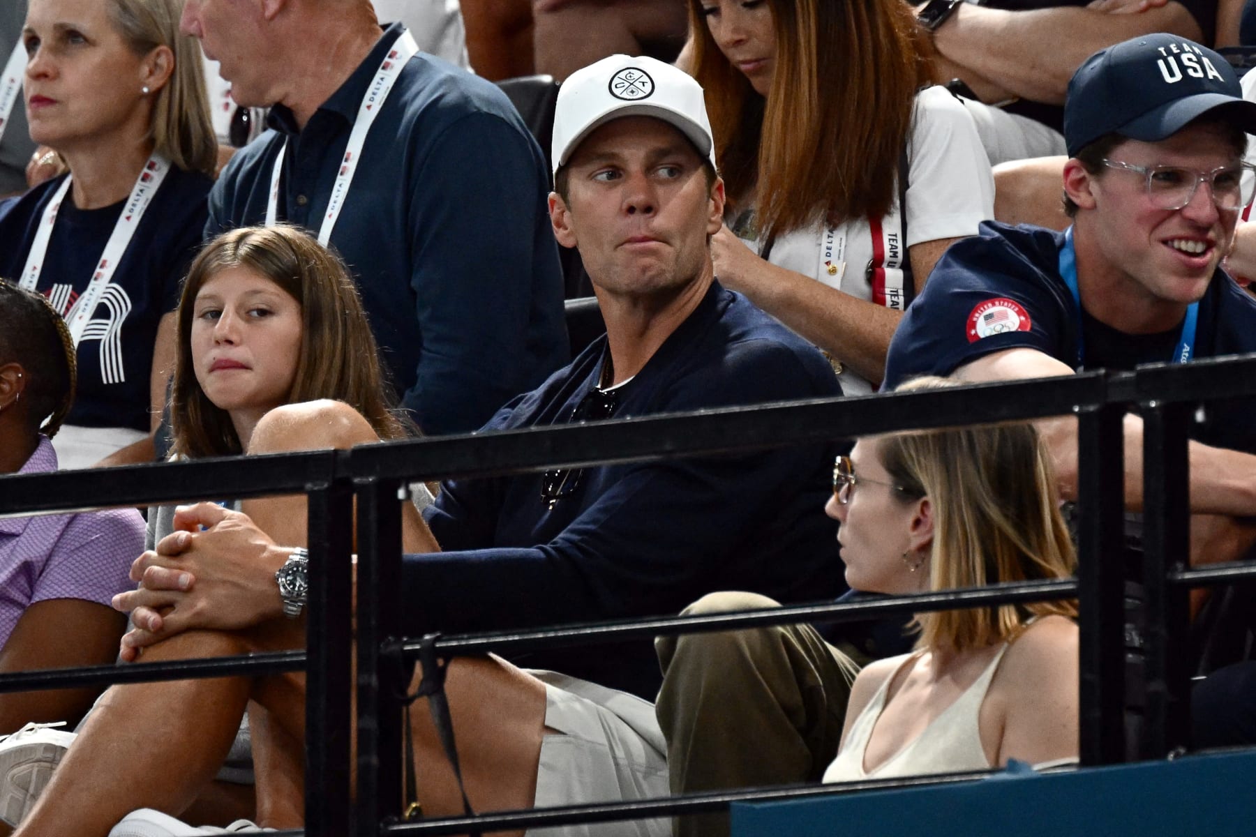 US former football quarterback Tom Brady attends the artistic gymnastics men's horizontal bar final during the Paris 2024 Olympic Games at the Bercy Arena in Paris, on August 5, 2024. (Photo by Loic VENANCE / AFP) (Photo by LOIC VENANCE/AFP via Getty Images)