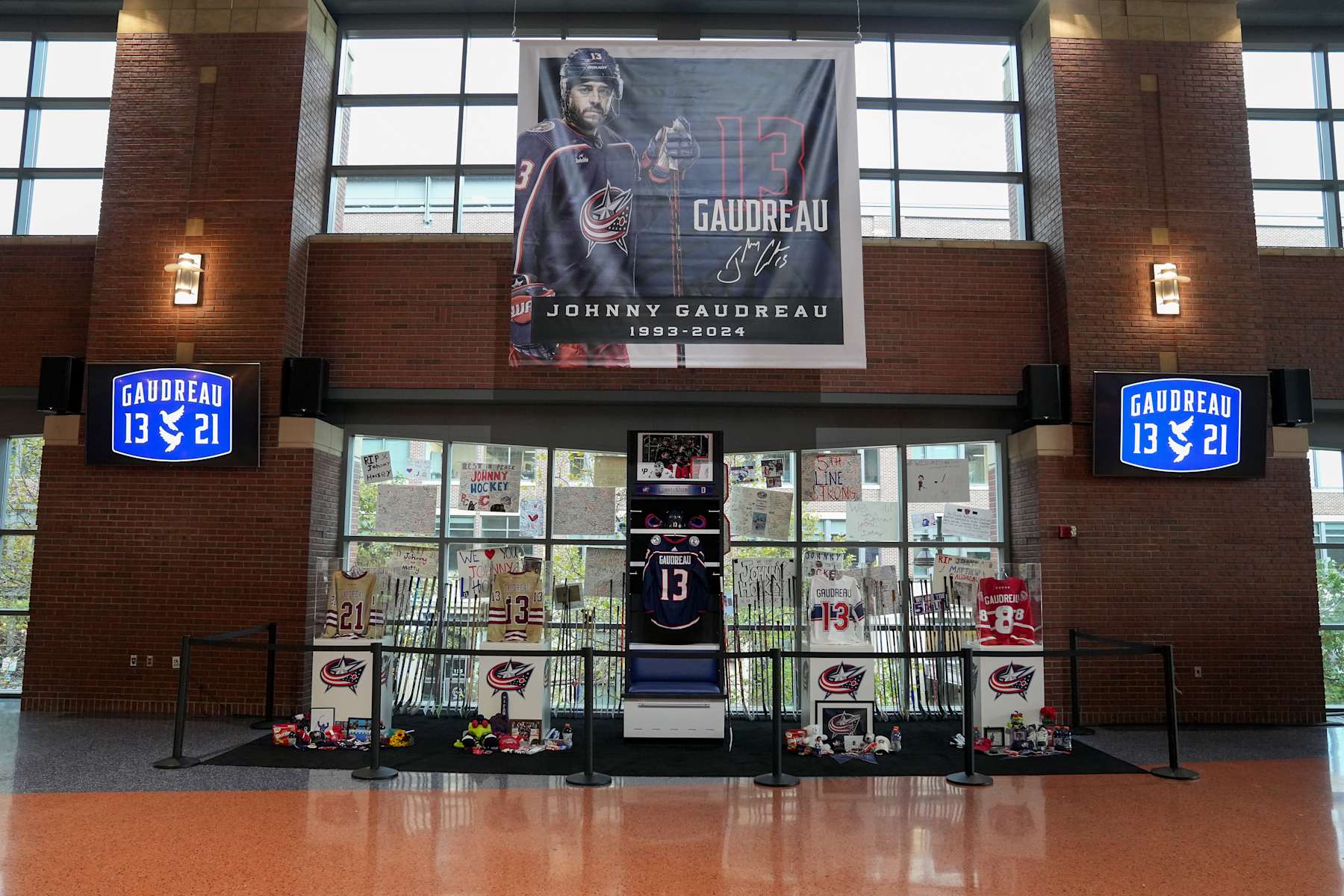 COLUMBUS, OHIO - OCTOBER 15: A memorial on honor of Johnny Gaudreau on display before the game between the Columbus Blue Jackets and the Florida Panthers at Nationwide Arena on October 15, 2024 in Columbus, Ohio. (Photo by Jason Mowry/Getty Images)