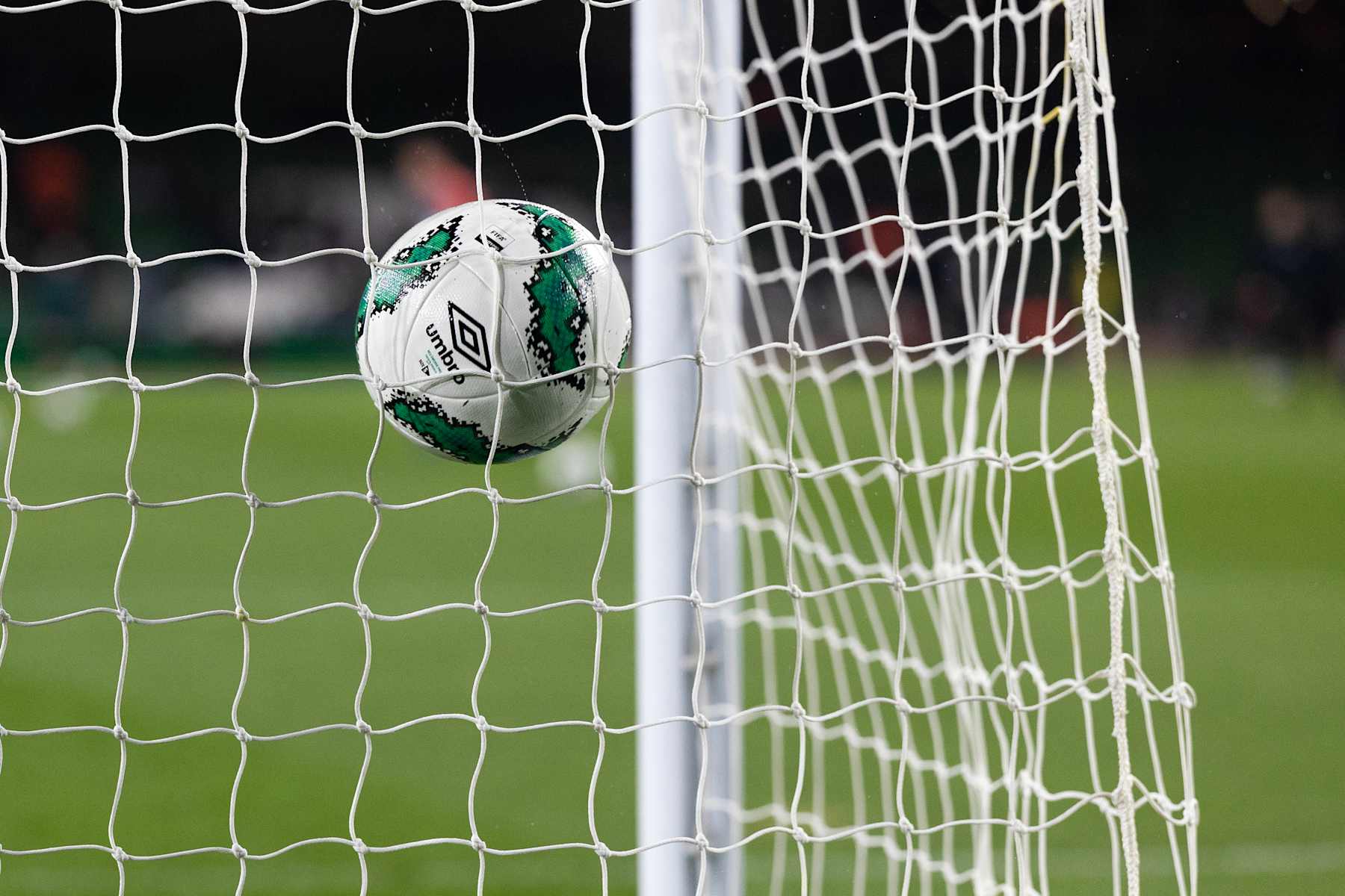 DUBLIN, IRELAND:  November 21: : A generic image of a professional soccer goal mouth showing the netting and the ball hitting the back of the net at Aviva Stadium on November 21, 2023, in Dublin, Ireland. (Photo by Tim Clayton/Corbis via Getty Images)