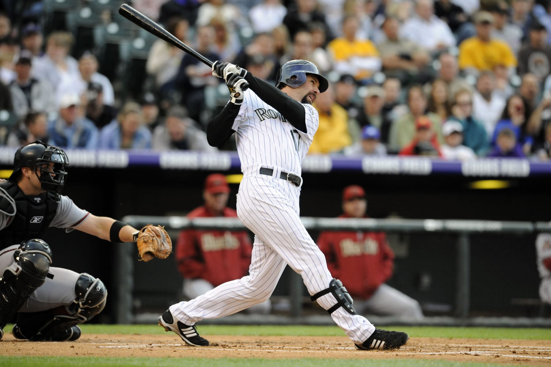 (AC) DENVER, COLORADO--APRIL 5TH--2008-- Todd Helton hits a home run against the Arizona Diamondbacks in the first inning of play at Coors Field Saturday evening. THE DENVER POST/ ANDY CROSS  (Photo By Andy Cross/The Denver Post via Getty Images)
