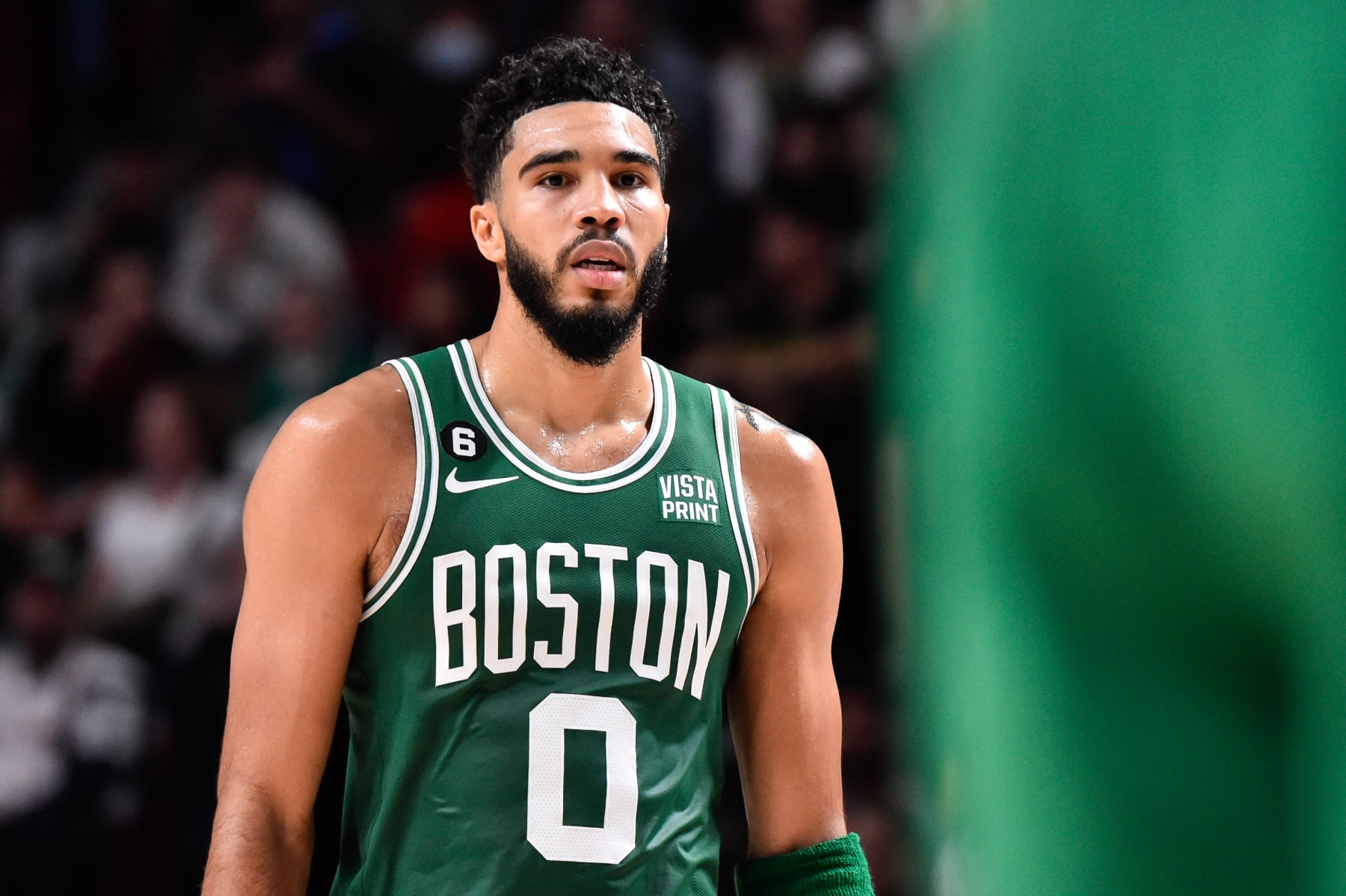 MONTREAL, CANADA - OCTOBER 14:  Jayson Tatum #0 of the Boston Celtics gets into position against the Toronto Raptors during the second half of a preseason NBA game at Centre Bell on October 14, 2022 in Montreal, Quebec, Canada.  The Toronto Raptors defeated the Boston Celtics 137-134 in overtime.  NOTE TO USER: User expressly acknowledges and agrees that, by downloading and or using this photograph, User is consenting to the terms and conditions of the Getty Images License Agreement.  (Photo by Minas Panagiotakis/Getty Images)