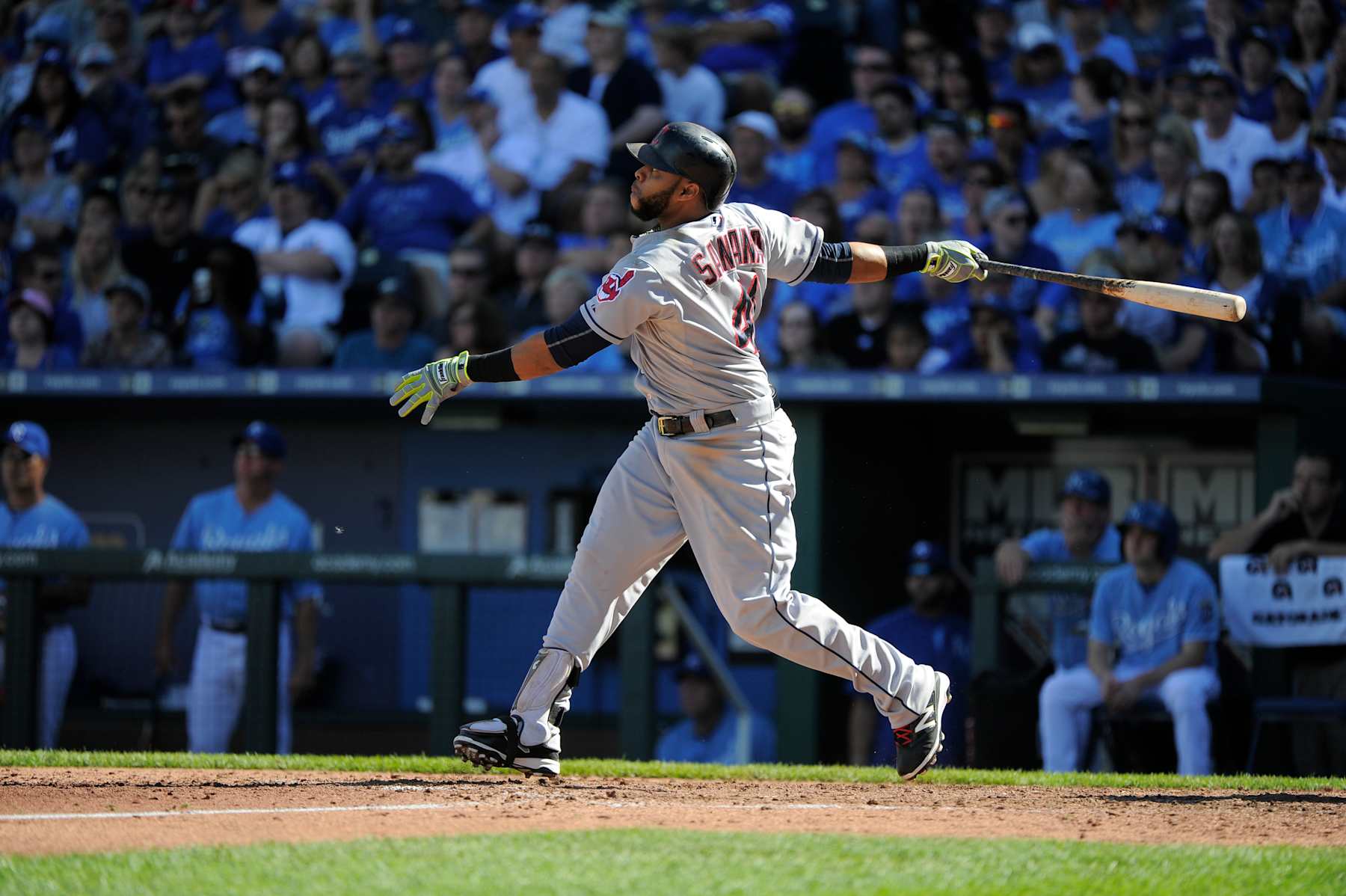 KANSAS CITY, MO - SEPTEMBER 27:  Carlos Santana #41 of the Cleveland Indians bats Kansas City Royals at Kauffman Stadium on September 27, 2015 in Kansas City, Missouri. (Photo by Ed Zurga/Getty Images)