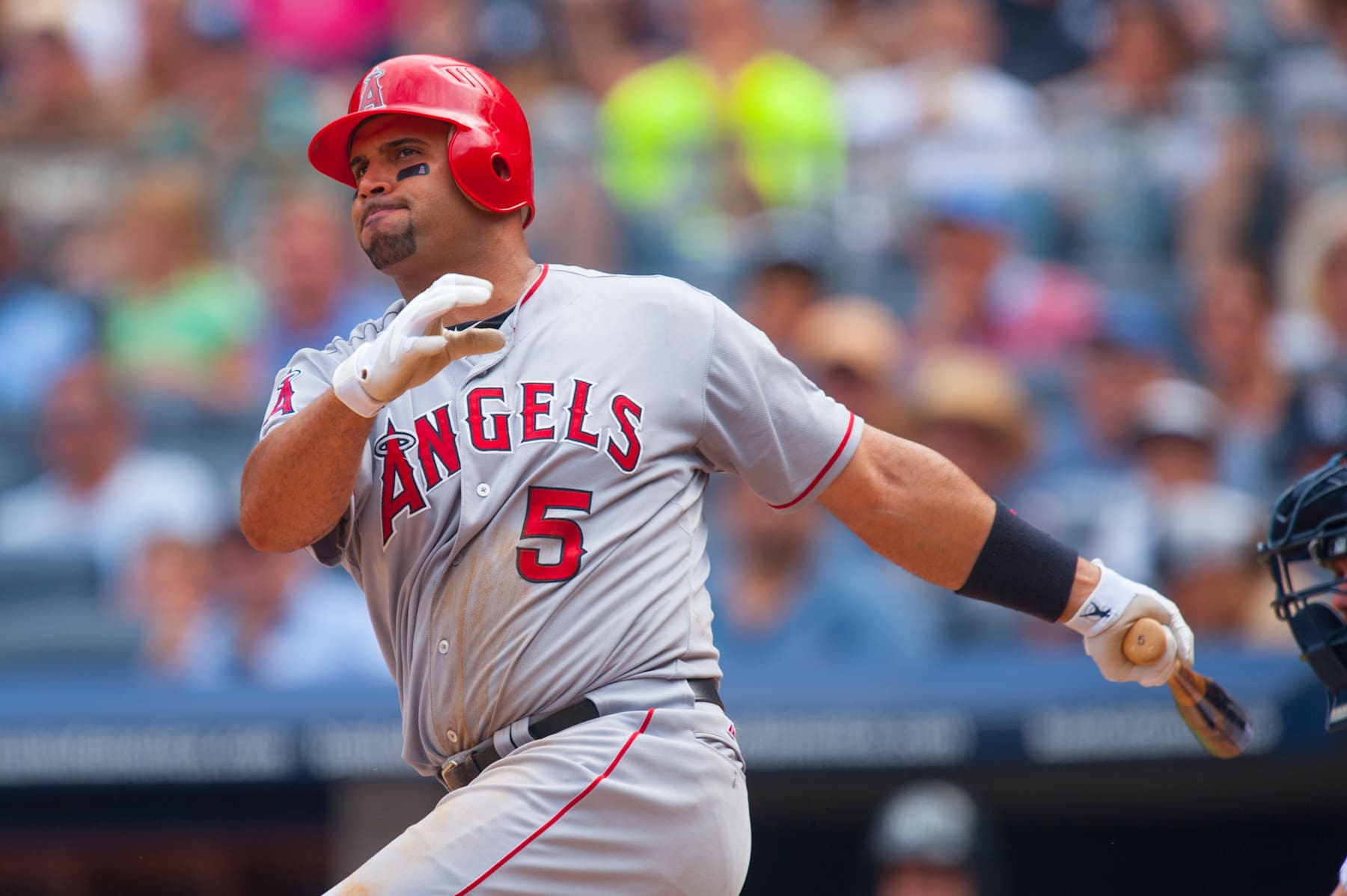 NEW YORK - JULY 14: Albert Pujols #5 of the Los Angeles Angels bats during the game against the New York Yankees at Yankee Stadium on July 14, 2012 in the Bronx borough of New York City.. (Photo by Rob Tringali/SportsChrome/Getty Images)