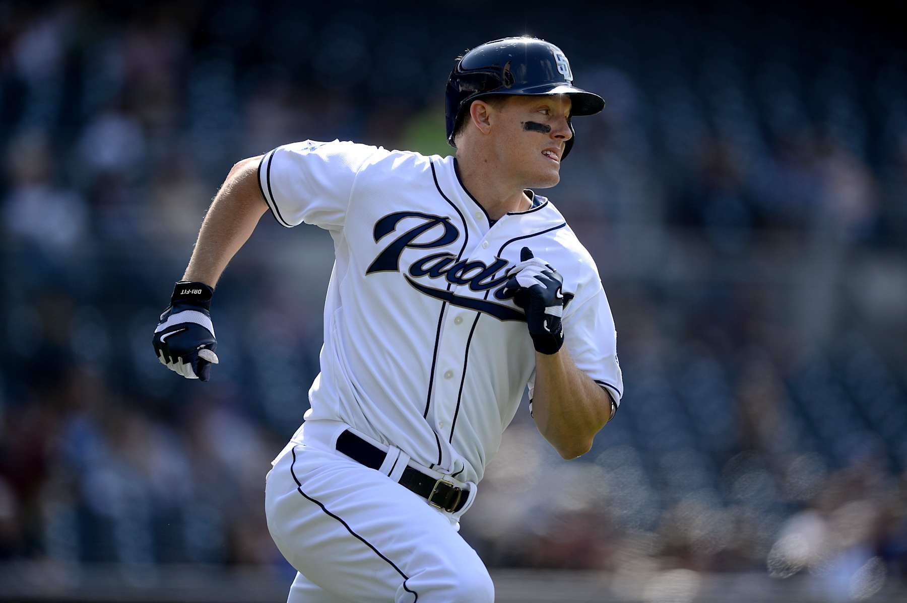 SAN DIEGO, CA - MAY 7: Nick Hundley #4 of the San Diego Padres runs to first base in the game against the Kansas City Royals at Petco Park on May 7, 2014 in San Diego, California. (Photo by Andy Hayt/San Diego Padres/Getty Images)