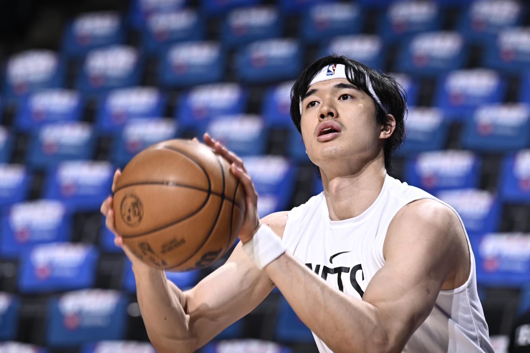 PHILADELPHIA, PA - APRIL 17: Yuta Watanabe #18 of the Brooklyn Nets warms up before Round 1 Game 2 of the 2023 NBA Playoffs against the Philadelphia 76ers on April 17, 2023 at the Wells Fargo Center in Philadelphia, Pennsylvania NOTE TO USER: User expressly acknowledges and agrees that, by downloading and/or using this Photograph, user is consenting to the terms and conditions of the Getty Images License Agreement. Mandatory Copyright Notice: Copyright 2023 NBAE (Photo by David Dow/NBAE via Getty Images)