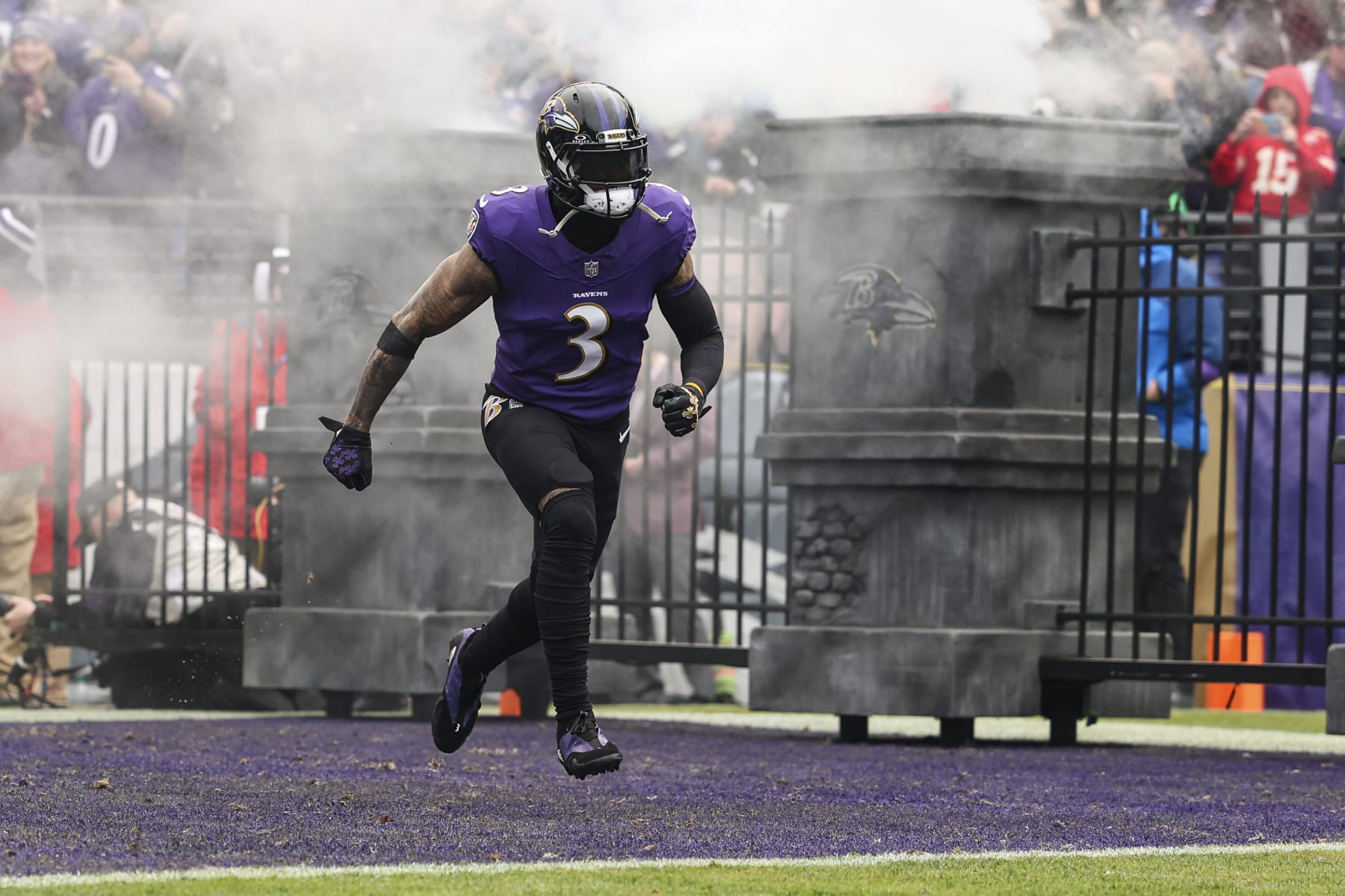BALTIMORE, MD - JANUARY 28: Odell Beckham Jr. #3 of the Baltimore Ravens runs out of the tunnel prior to the AFC Championship NFL football game against the Kansas City Chiefs at M&T Bank Stadium on January 28, 2024 in Baltimore, Maryland. (Photo by Perry Knotts/Getty Images) BALTIMORE, MD - JANUARY 28: Odell Beckham Jr. #3 of the Baltimore Ravens runs out of the tunnel prior to the AFC Championship NFL football game against the Kansas City Chiefs at M&T Bank Stadium on January 28, 2024 in Baltimore, Maryland. (Photo by Perry Knotts/Getty Images)