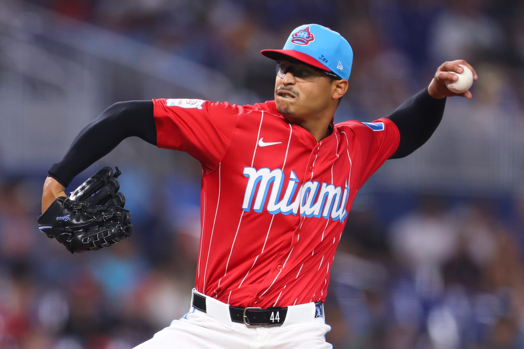 MIAMI, FLORIDA - MAY 11: Jesus Luzardo #44 of the Miami Marlins pitches against the Philadelphia Phillies during the second inning of the game at loanDepot park on May 11, 2024 in Miami, Florida. (Photo by Megan Briggs/Getty Images)