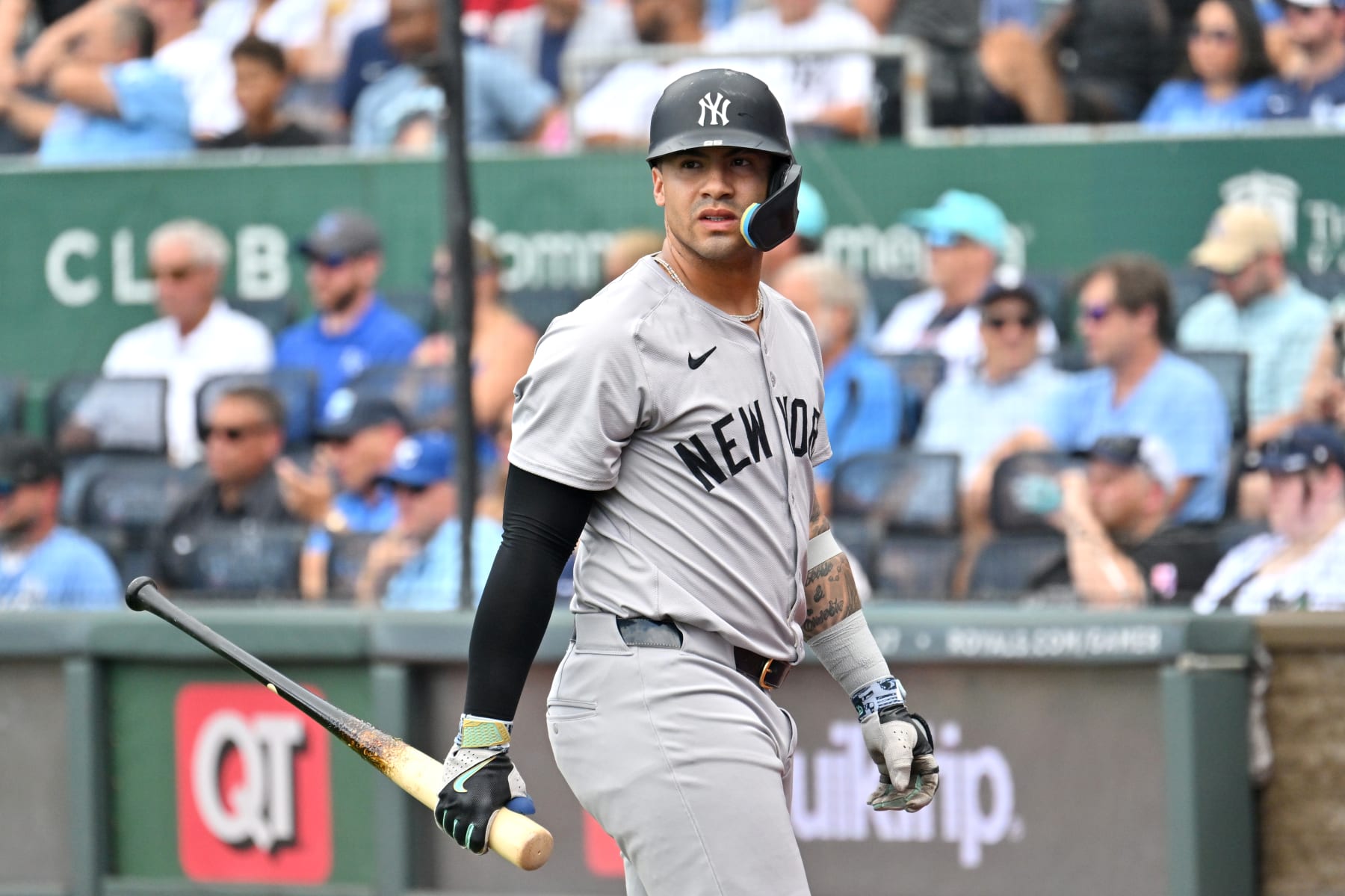 KANSAS CITY, MO - JUNE 13: New York Yankees second baseman Gleyber Torres (25) reacts after striking out during the New York Yankees at Kansas City Royals MLB game on June 13, 2024, at Kauffman Stadium, Kansas City, MO.  (Photo by Keith Gillett/Icon Sportswire via Getty Images)