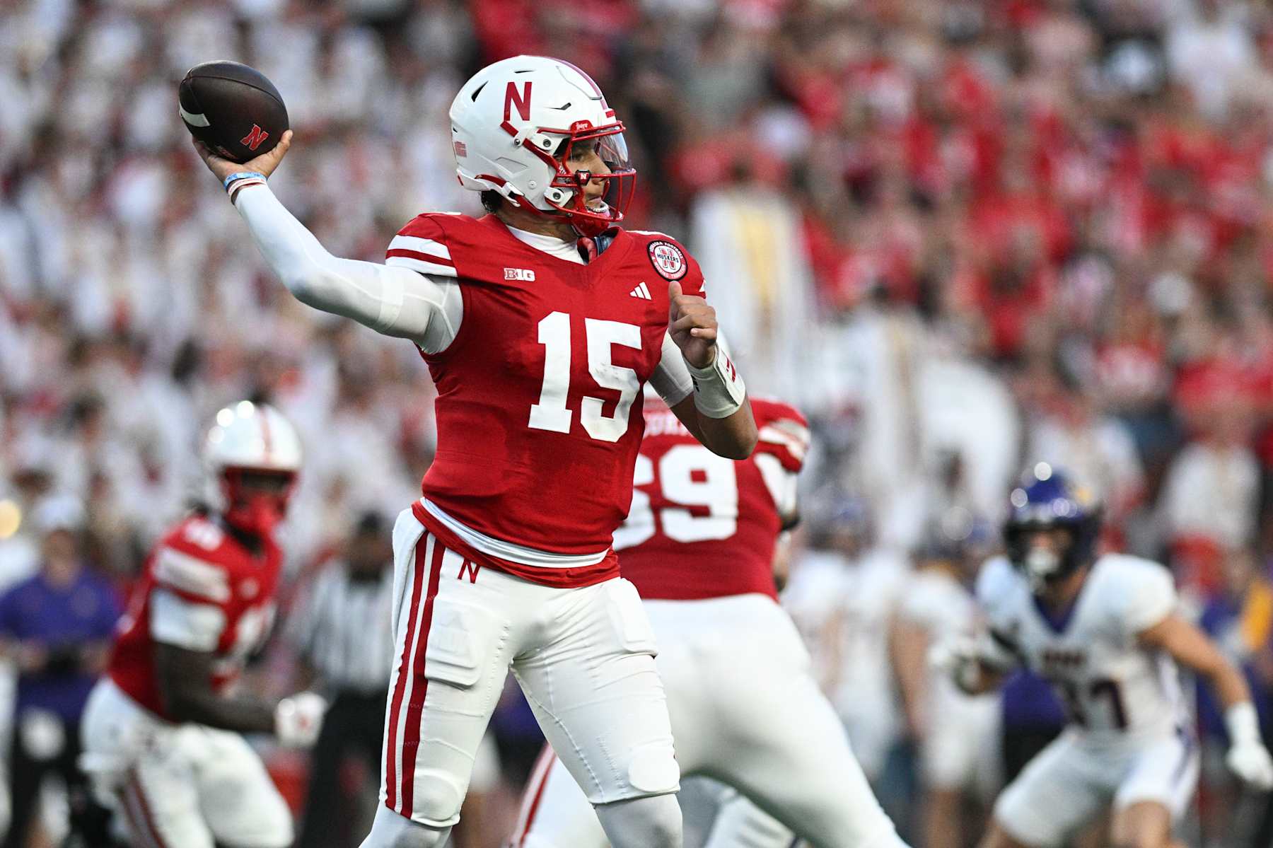 LINCOLN, NEBRASKA - SEPTEMBER 14: Dylan Raiola #15 of the Nebraska Cornhuskers passes against the Northern Iowa Panthers during the first quarter at Memorial Stadium on September 14, 2024 in Lincoln, Nebraska. (Photo by Steven Branscombe/Getty Images)