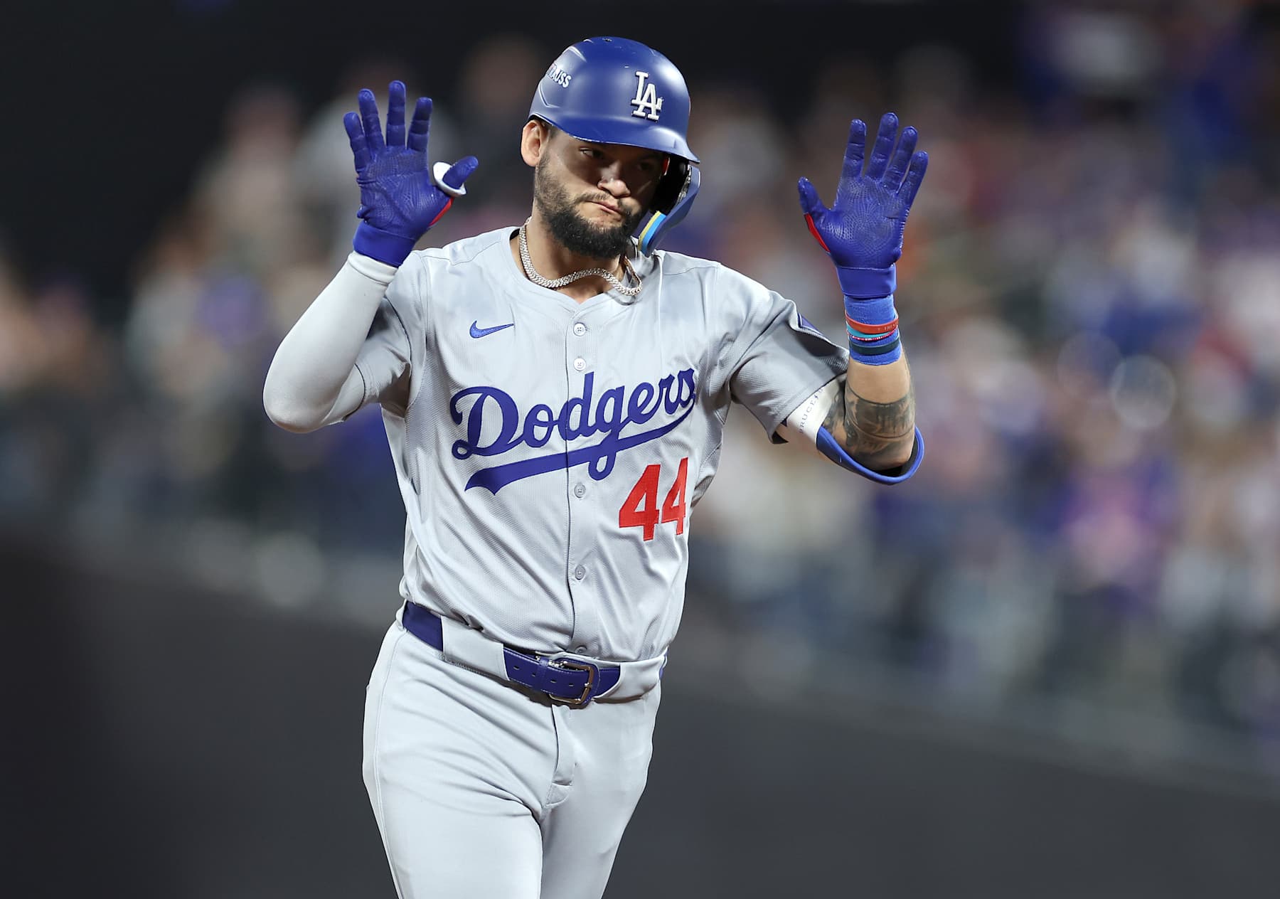 NEW YORK, NEW YORK - OCTOBER 18: Andy Pages #44 of the Los Angeles Dodgers rounds the bases after hitting a home run in the fourth inning during Game Five of the National League Championship Series at Citi Field on October 18, 2024 in New York City. (Photo by Sarah Stier/Getty Images)