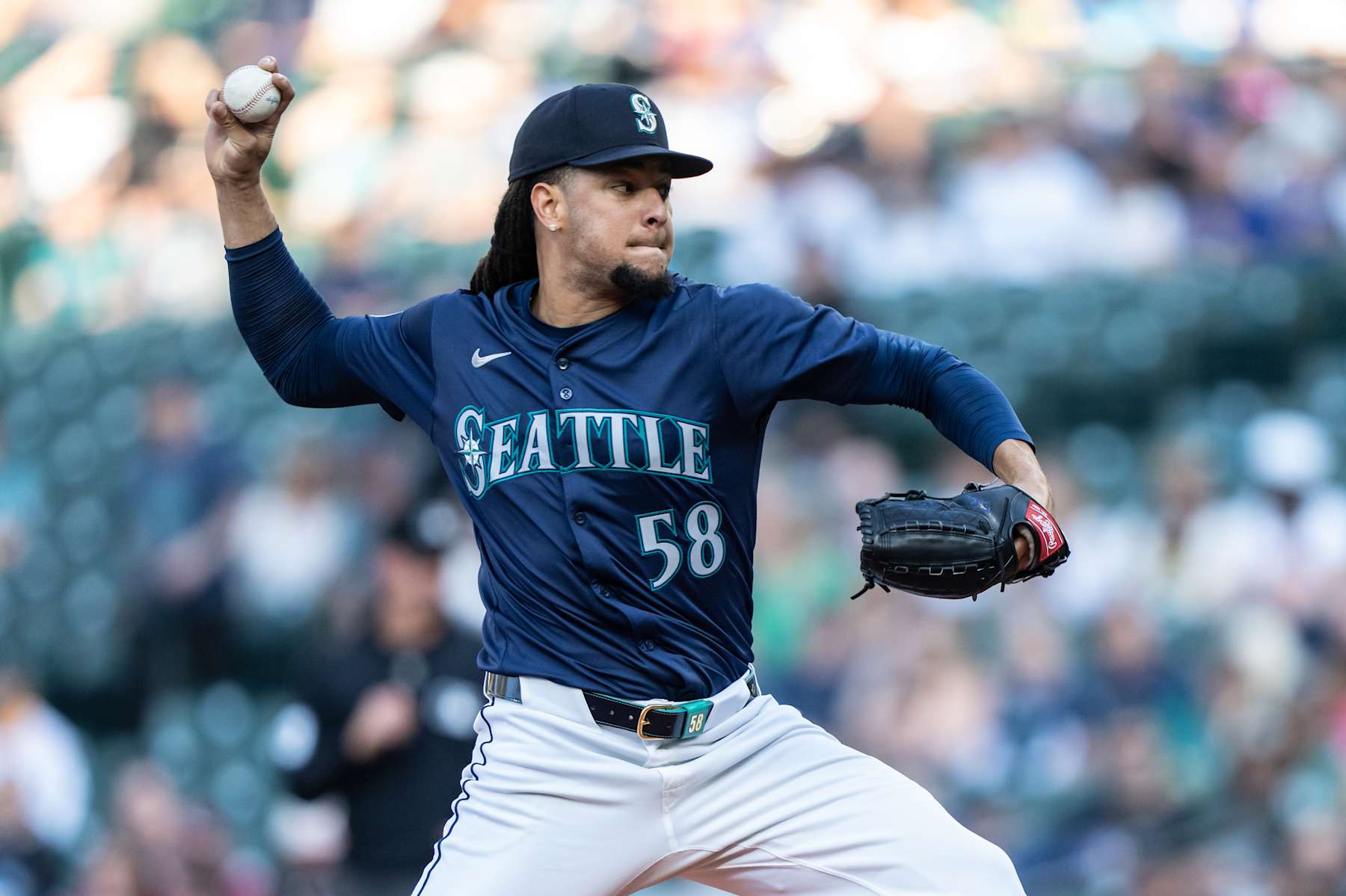 SEATTLE, WA - AUGUST 06: Starter Luis Castillo #58 of the Seattle Mariners pitches in the first inning against the Detroit Tigers at T-Mobile Park on August 6, 2024 in Seattle, Washington. (Photo by Stephen Brashear/Getty Images)