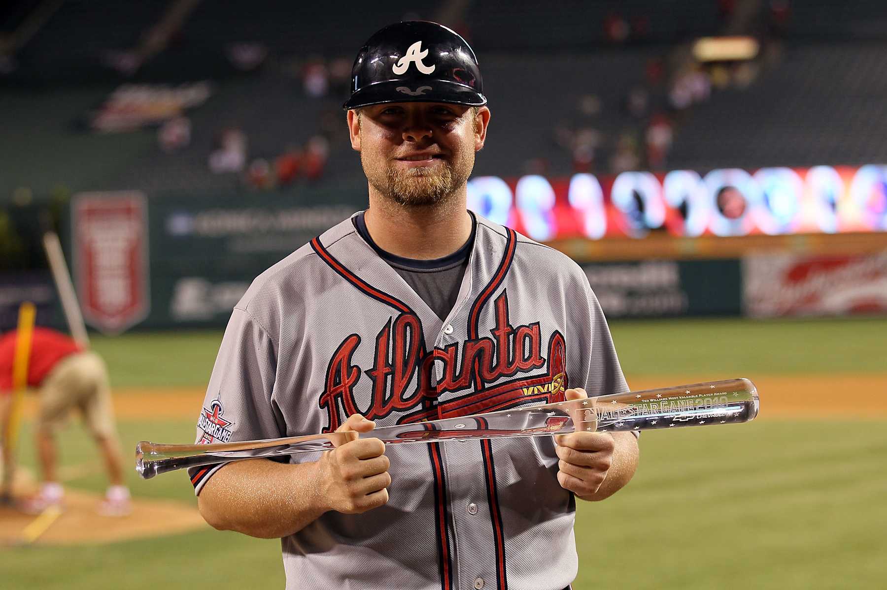 ANAHEIM, CA - JULY 13:  National League All-Star Brian McCann #16 of the Atlanta Braves poses with the MVP trophy after the 81st MLB All-Star Game at Angel Stadium of Anaheim on July 13, 2010 in Anaheim, California. The National League defeated the American League 3-1 for their first win the All-Star Game since 1996. (Photo by Stephen Dunn/Getty Images)
