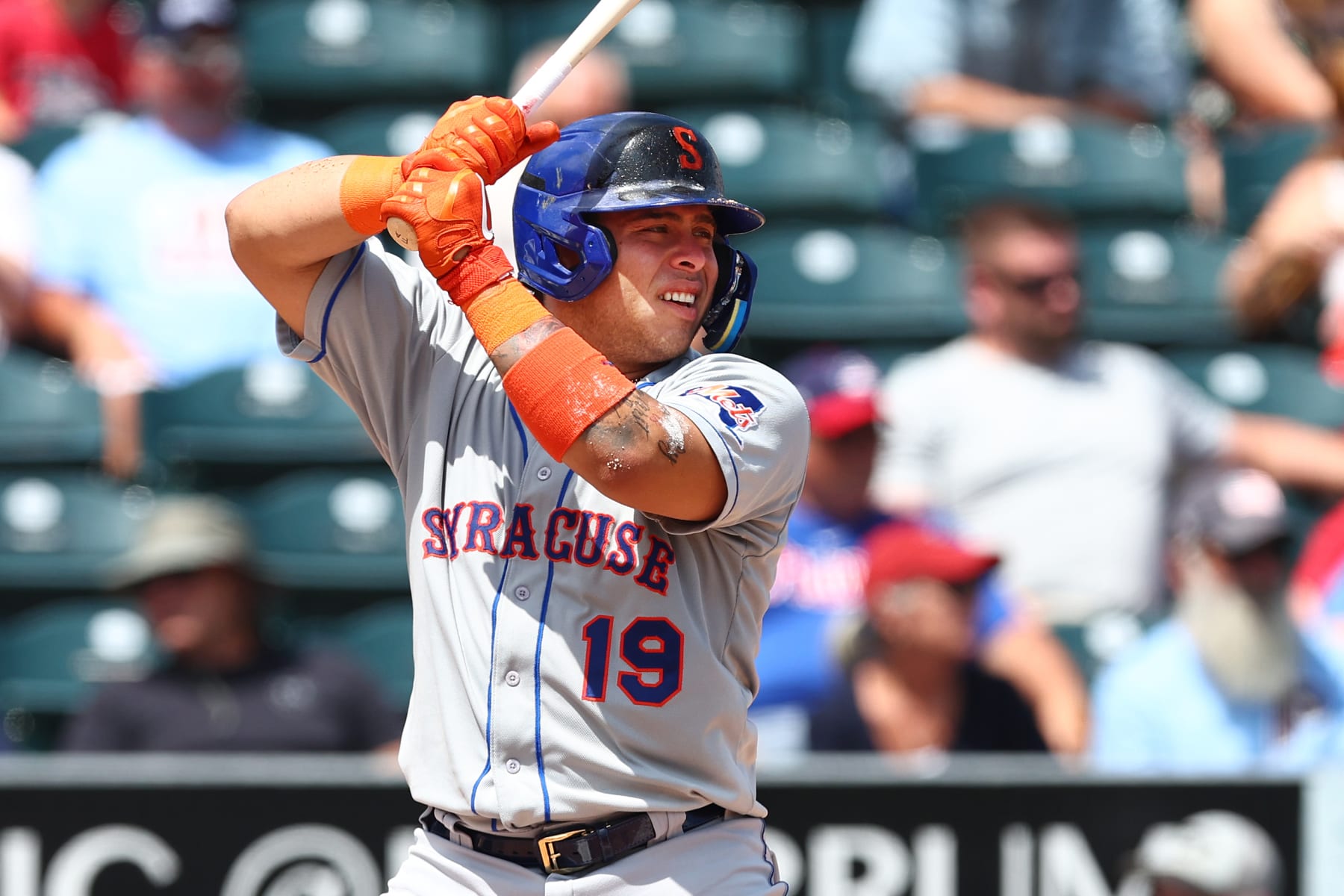 ALLENTOWN, PA - AUGUST 02: Francisco Alvarez #19 of the Syracuse Mets in action during a game against the Lehigh Valley IronPigs at Coca-Cola Park on August 2, 2022 in Allentown, Pennsylvania. Alvarez is the number one ranked prospect in the New York Mets organization. (Photo by Rich Schultz/Getty Images)