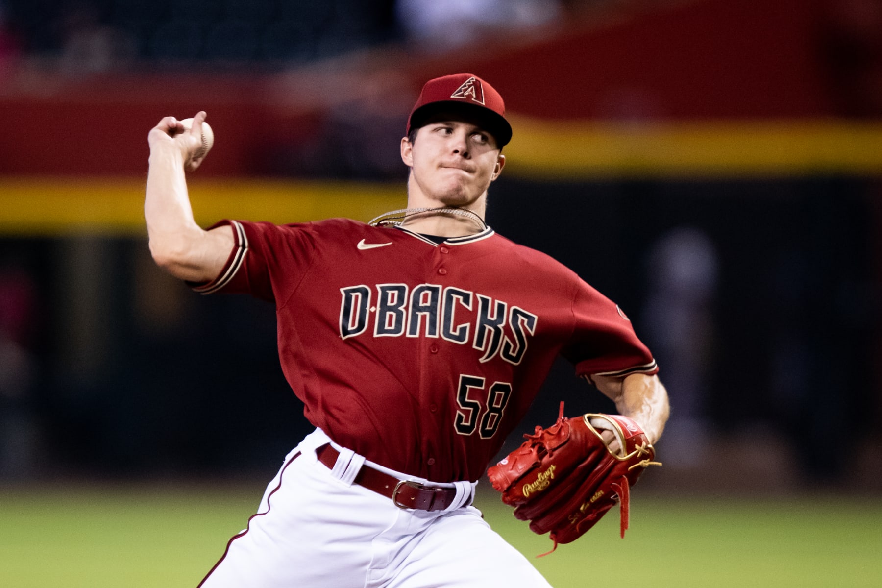 PHOENIX, AZ - SEPTEMBER 25: Arizona Diamondbacks Right-Handed Pitcher Drey Jameson (58) gets the start on the mound during a baseball game between the San Francisco Giants and the Arizona Diamondbacks on September 25, 2022, at Chase Field in Phoenix, AZ. (Photo by Zac BonDurant/Icon Sportswire via Getty Images)