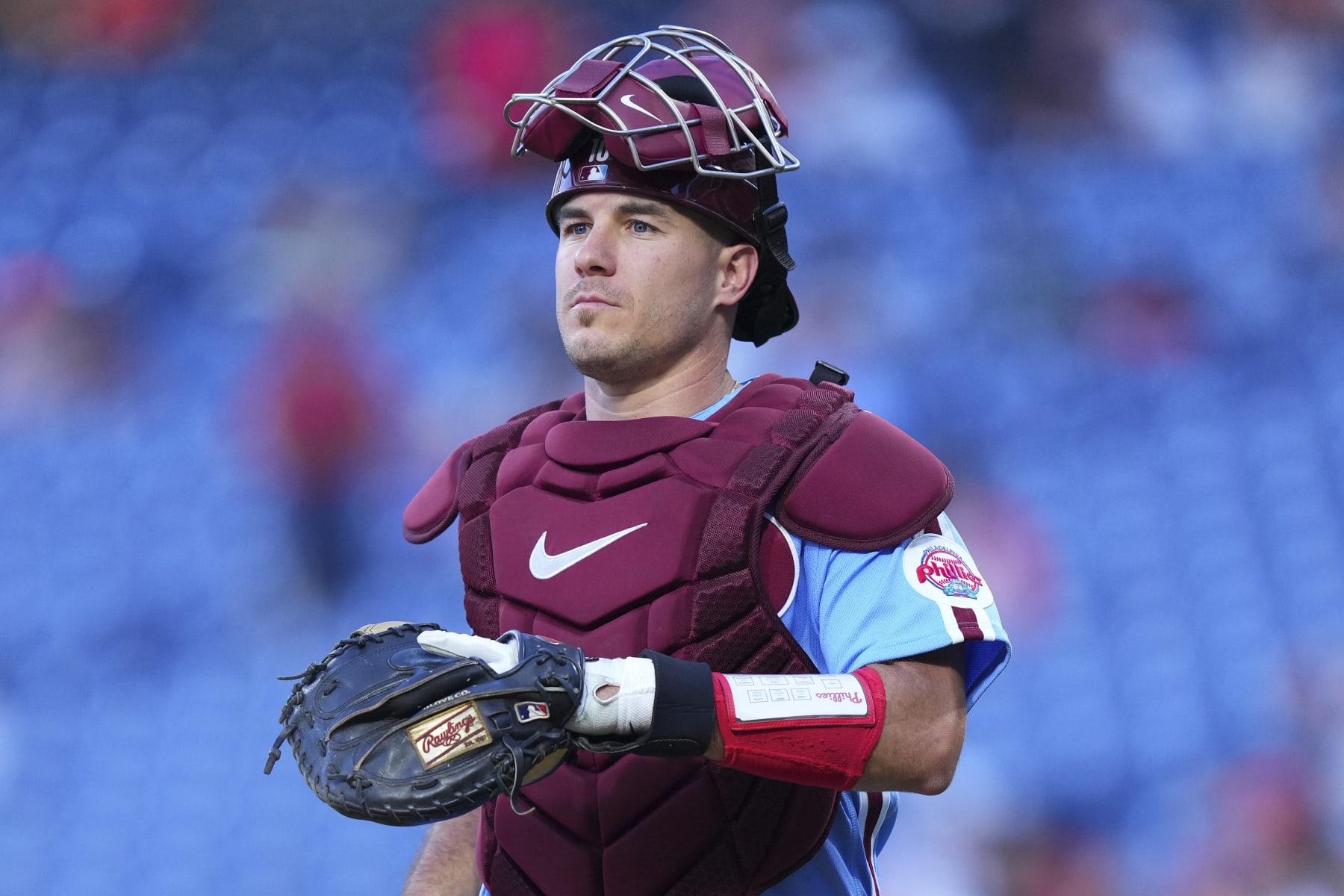 PHILADELPHIA, PA - SEPTEMBER 08: J.T. Realmuto #10 of the Philadelphia Phillies looks on against the Miami Marlins at Citizens Bank Park on September 8, 2022 in Philadelphia, Pennsylvania. The Marlins defeated the Phillies 6-5. (Photo by Mitchell Leff/Getty Images)