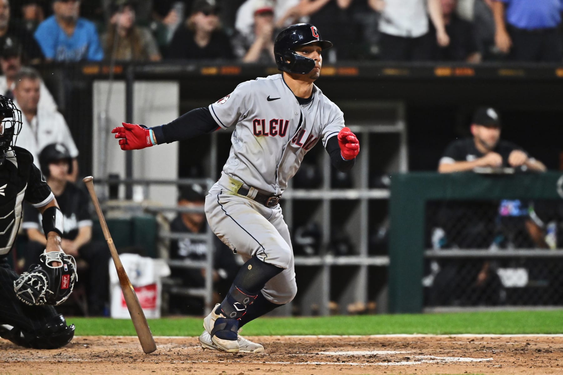 CHICAGO, IL - SEPTEMBER 20:  Andrés Giménez #0 of the Cleveland Guardians bats against the Chicago White Sox at Guaranteed Rate Field on September 20, 2022 in Chicago, Illinois.  (Photo by Jamie Sabau/Getty Images)