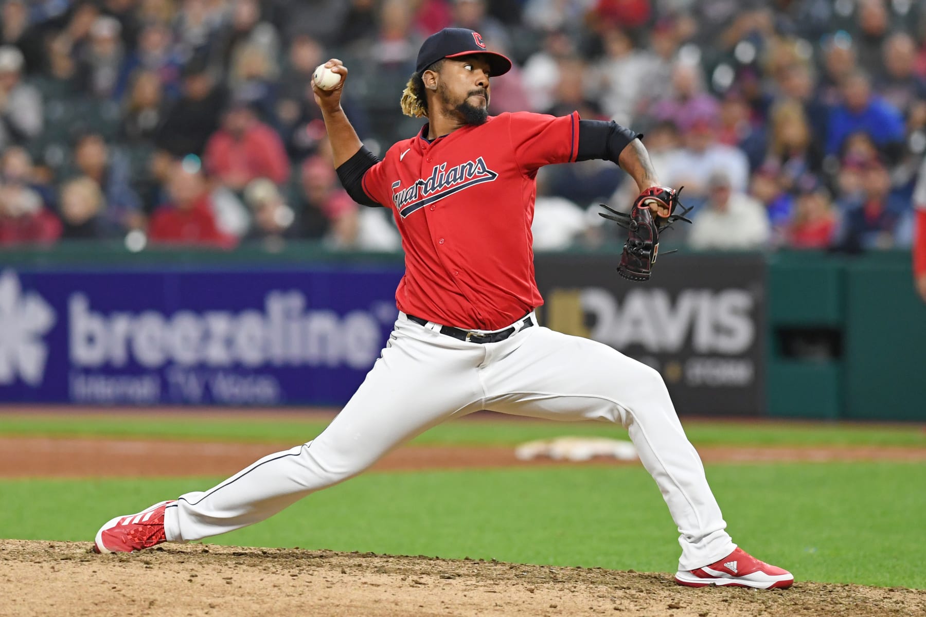 CLEVELAND, OH - SEPTEMBER 13, 2022: Emmanuel Clase #48 of the Cleveland Guardians throws a pitch during the ninth inning against the Los Angeles Angels at Progressive Field on September 13, 2022 in Cleveland, Ohio. (Photo by George Kubas/Diamond Images via Getty Images)