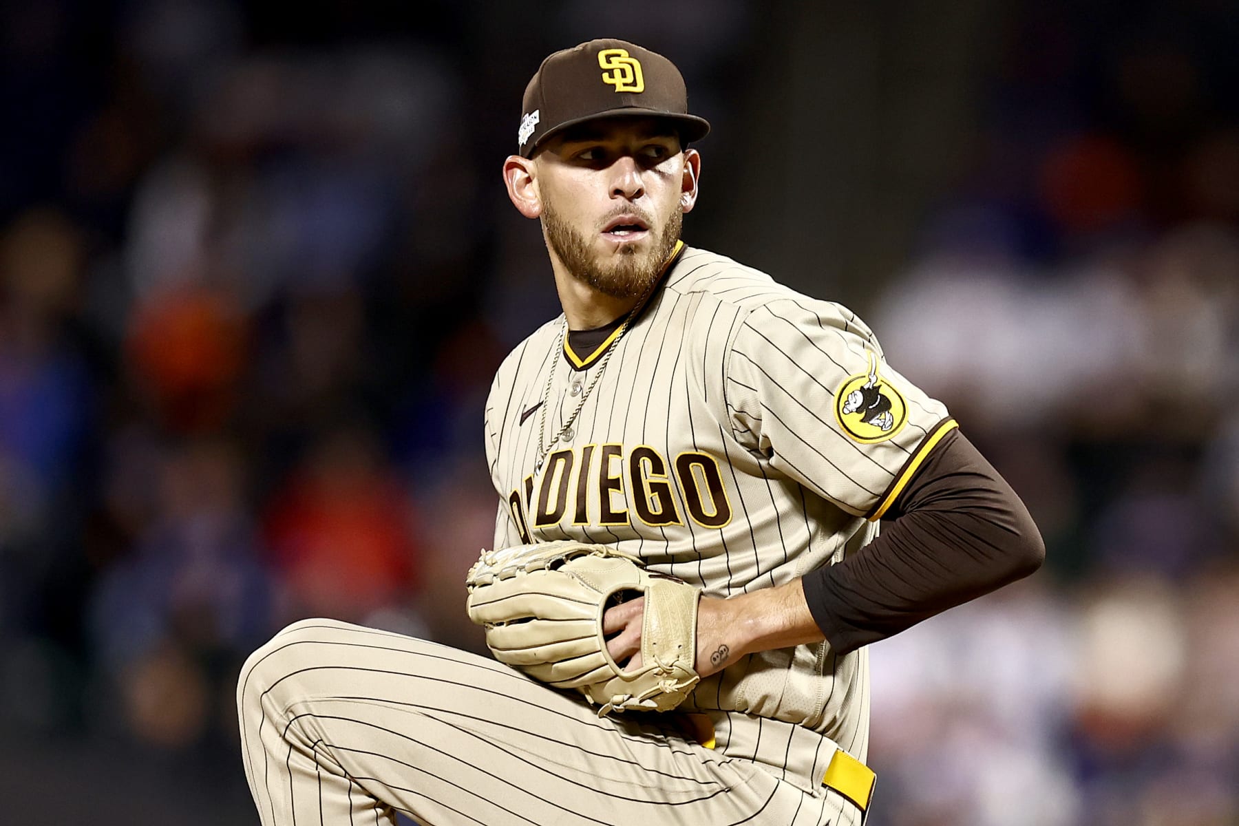 NEW YORK, NEW YORK - OCTOBER 09: Joe Musgrove #44 of the San Diego Padres pitches against the New York Mets during the sixth inning in game three of the National League Wild Card Series at Citi Field on October 09, 2022 in the Flushing neighborhood of the Queens borough of New York City. (Photo by Dustin Satloff/Getty Images)