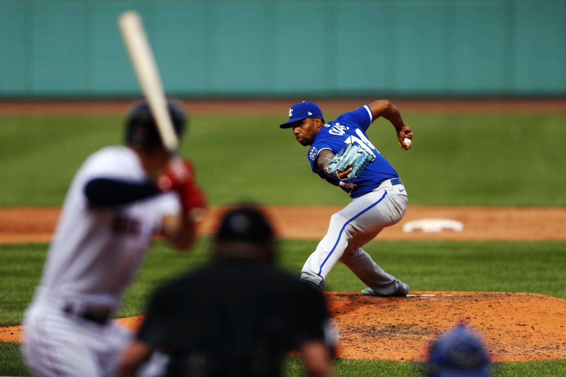 BOSTON, MASSACHUSETTS - SEPTEMBER 18: Relief pitcher Jose Cuas #74 of the Kansas City Royals pitches in the bottom fourth inning of the game against the Boston Red Sox at Fenway Park on September 18, 2022 in Boston, Massachusetts. (Photo by Omar Rawlings/Getty Images)