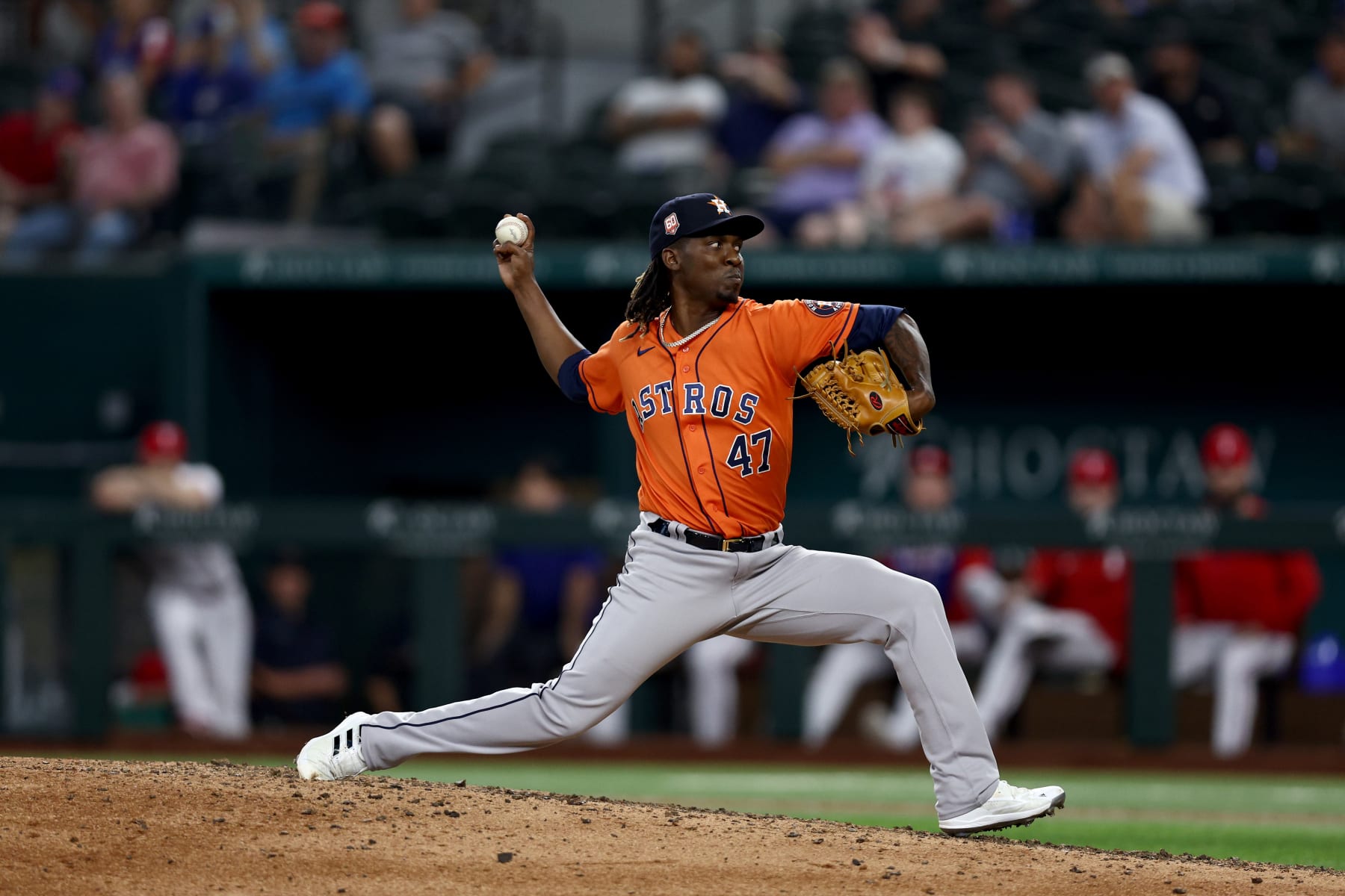 ARLINGTON, TEXAS - AUGUST 31: Rafael Montero #47 of the Houston Astros pitches against the Texas Rangers in the bottom of the ninth inning at Globe Life Field on August 31, 2022 in Arlington, Texas. (Photo by Tom Pennington/Getty Images)