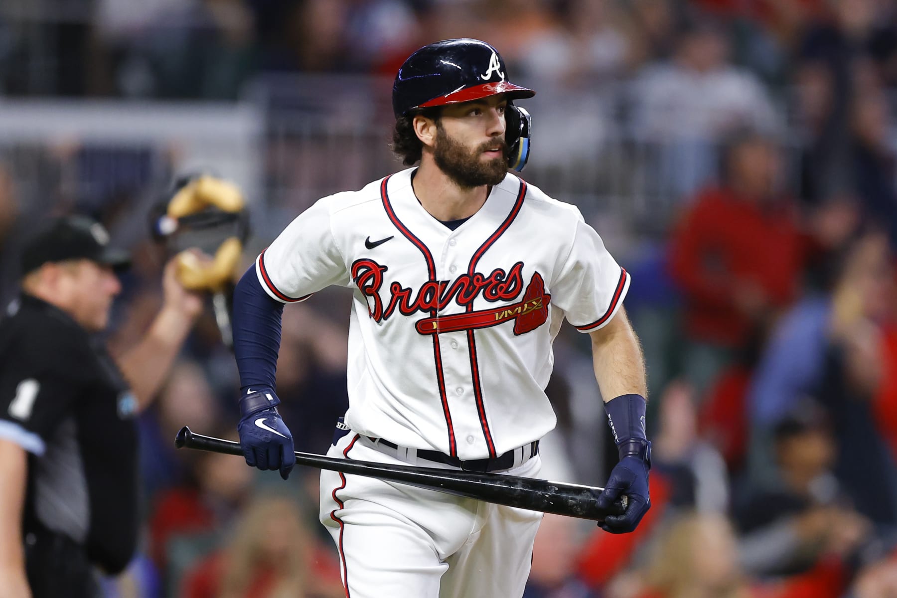 ATLANTA, GA - OCTOBER 01: Dansby Swanson #7 of the Atlanta Braves reacts after hitting a two run home run during the fifth inning against the New York Mets at Truist Park on October 1, 2022 in Atlanta, Georgia. (Photo by Todd Kirkland/Getty Images)
