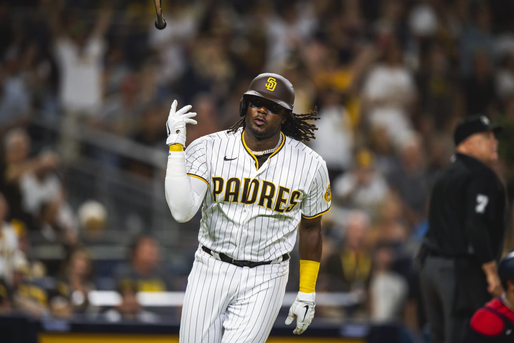 SAN DIEGO, CA - AUGUST 20: Josh Bell #24 of the San Diego Padres hits a home run in the fifth inning against the Washington Nationals at the PETCO Park on August 20, 2022 in San Diego, California. (Photo by Matt Thomas/San Diego Padres/Getty Images)