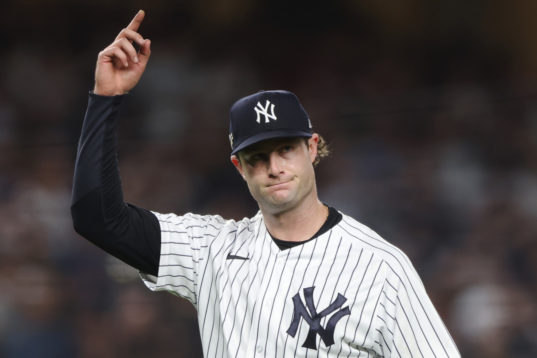 NEW YORK, NY - OCTOBER 11: Gerrit Cole #45 of the New York Yankees reacts after pitching in the sixth inning during the game between the Cleveland Guardians and the New York Yankees at Yankee Stadium on Tuesday, October 11, 2022 in New York, New York. (Photo by Mary DeCicco/MLB Photos via Getty Images)