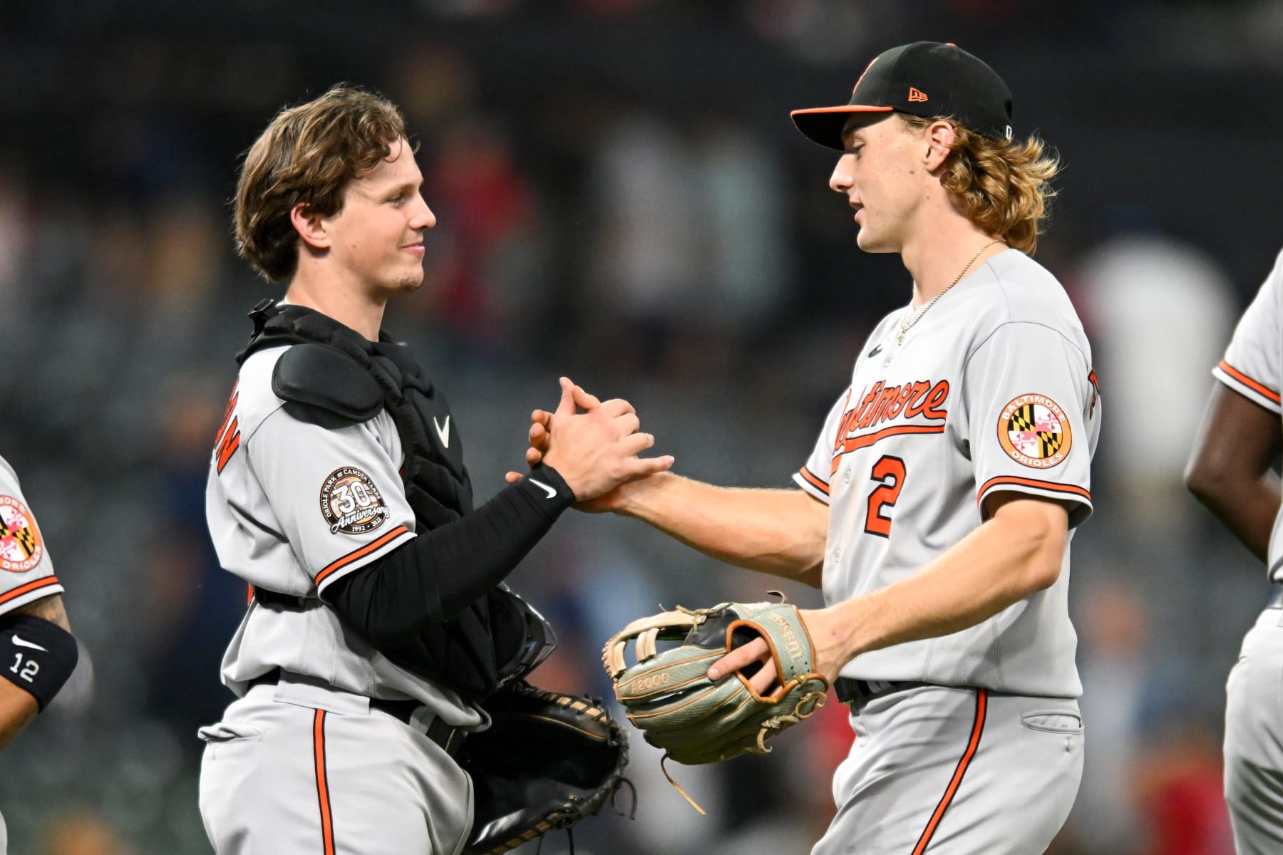 CLEVELAND, OH - AUGUST 31: Adley Rutschman #35 and Gunnar Henderson #2 of the Baltimore Orioles celebrate the team's 4-0 win over the Cleveland Guardians in Henderson's Major League debut at Progressive Field on August 31, 2022 in Cleveland, Ohio. (Photo by Nick Cammett/Diamond Images via Getty Images)