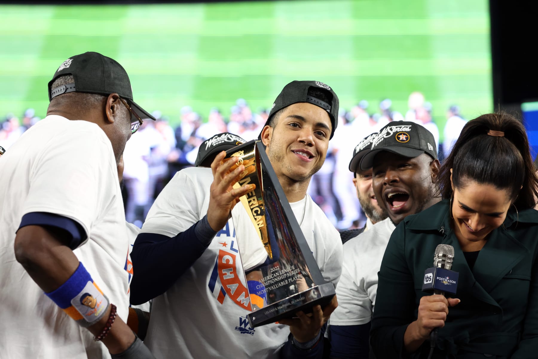 NEW YORK, NY - OCTOBER 23:   Jeremy Peña #3 of the Houston Astros celebrates with the American League Championship Most Valuable Player trophy on the field after Astros defeated the New York Yankees in Game 4 of the ALCS at Yankee Stadium on Sunday, October 23, 2022 in New York, New York. (Photo by Mary DeCicco/MLB Photos via Getty Images)