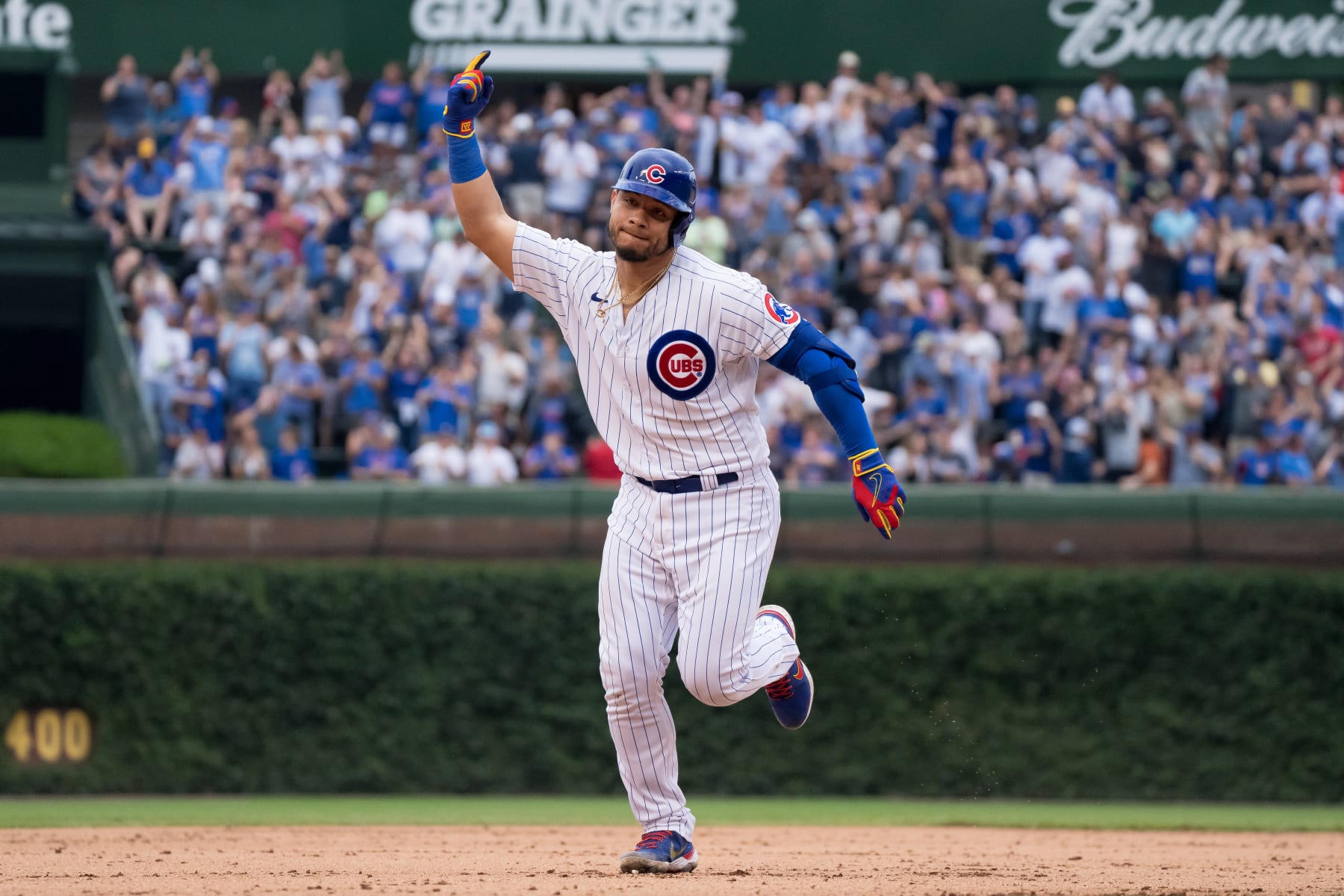 CHICAGO, IL - AUGUST 20:  Willson Contreras of the Chicago Cubs celebrates a home run in a game against the Milwaukee Brewers at Wrigley Field on August 20, 2022 in Chicago, Illinois. (Photo by Matt Dirksen/Getty Images)