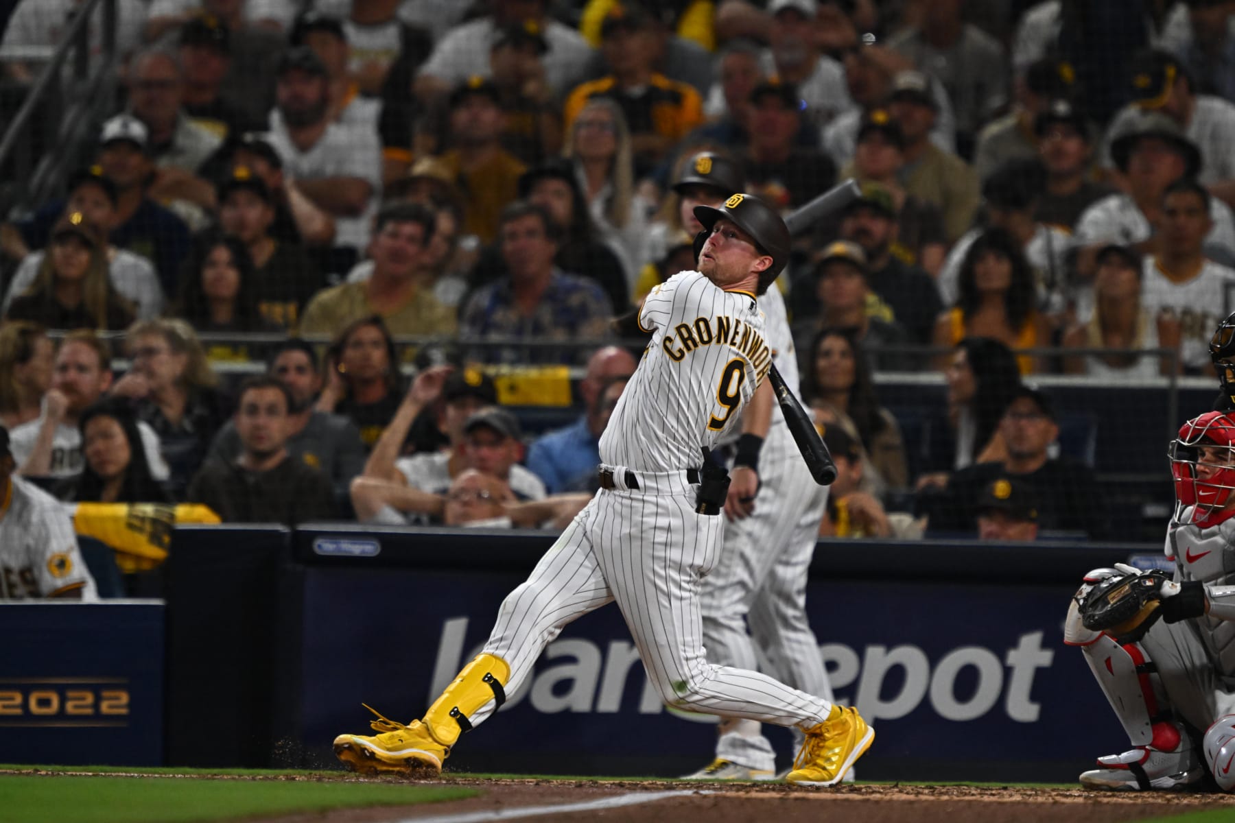 Baseball: NLCS Playoffs: San Diego Padres Jake Cronenworth (9) in action, batting vs Philadelphia Phillies at Petco Park. Game 1. 
San Diego, CA 10/18/2021 
CREDIT: John W. McDonough (Photo by John W. McDonough/Sports Illustrated via Getty Images) (Set Number: X164208 TK1)