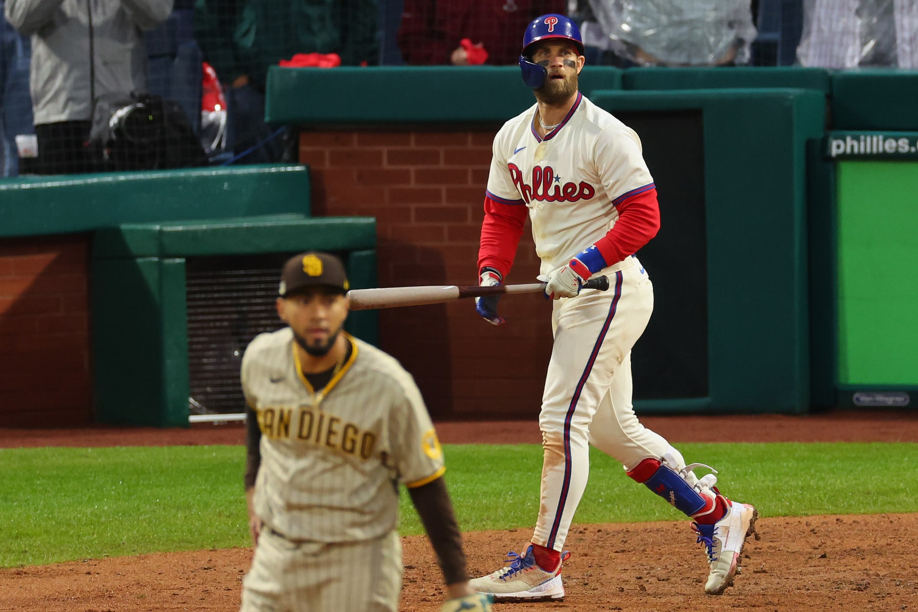 PHILADELPHIA, PENNSYLVANIA - OCTOBER 23: Bryce Harper #3 of the Philadelphia Phillies hits a two run home run during the eighth inning against the San Diego Padres in game five of the National League Championship Series at Citizens Bank Park on October 23, 2022 in Philadelphia, Pennsylvania. (Photo by Michael Reaves/Getty Images)