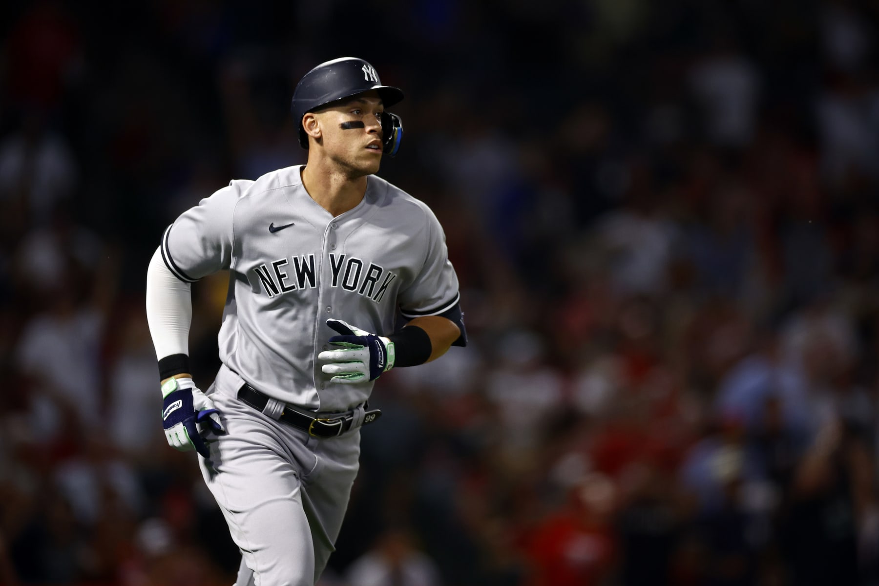ANAHEIM, CALIFORNIA - AUGUST 30:  Aaron Judge #99 of the New York Yankees hits a three-run home run against the Los Angeles Angels in the fourth inning at Angel Stadium of Anaheim on August 30, 2022 in Anaheim, California. (Photo by Ronald Martinez/Getty Images)