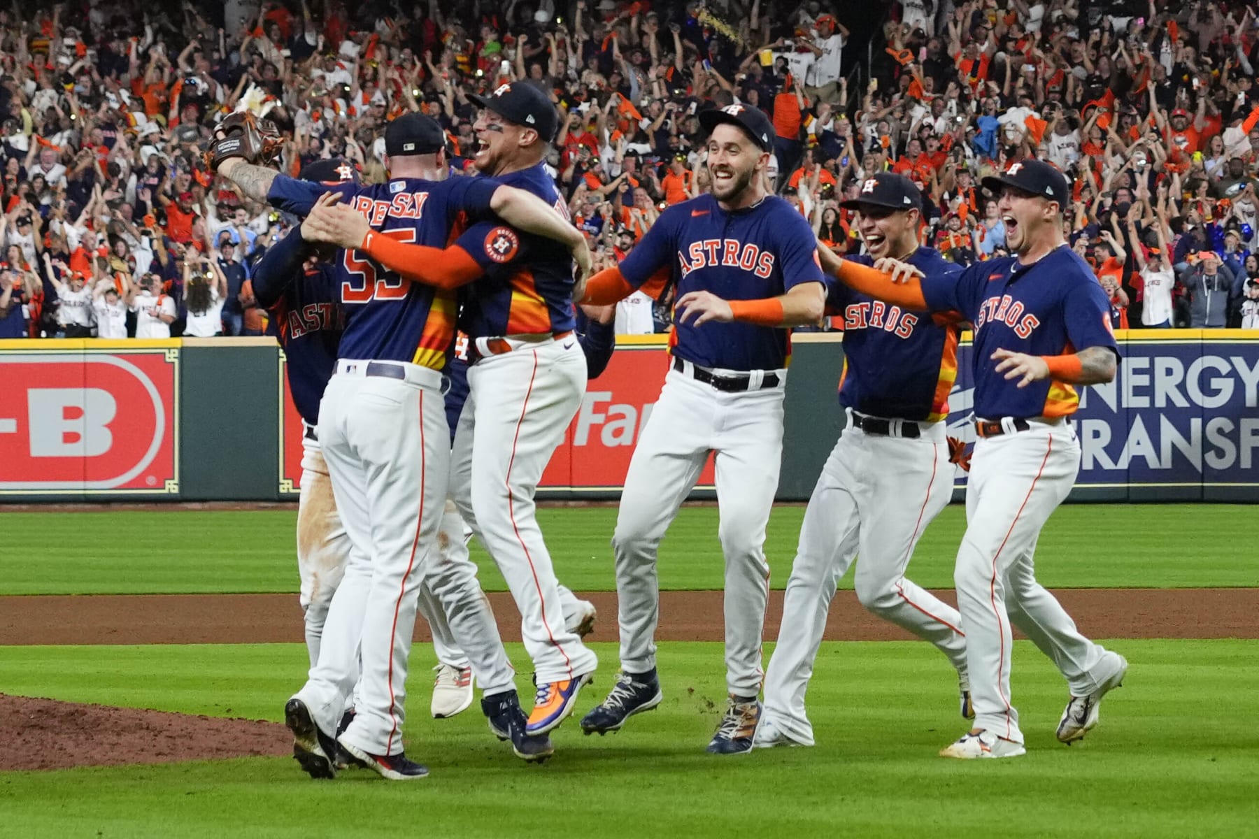 The Houston Astros celebrate their 4-1 World Series win against the Philadelphia Phillies in Game 6 on Saturday, Nov. 5, 2022, in Houston. (AP Photo/David J. Phillip)