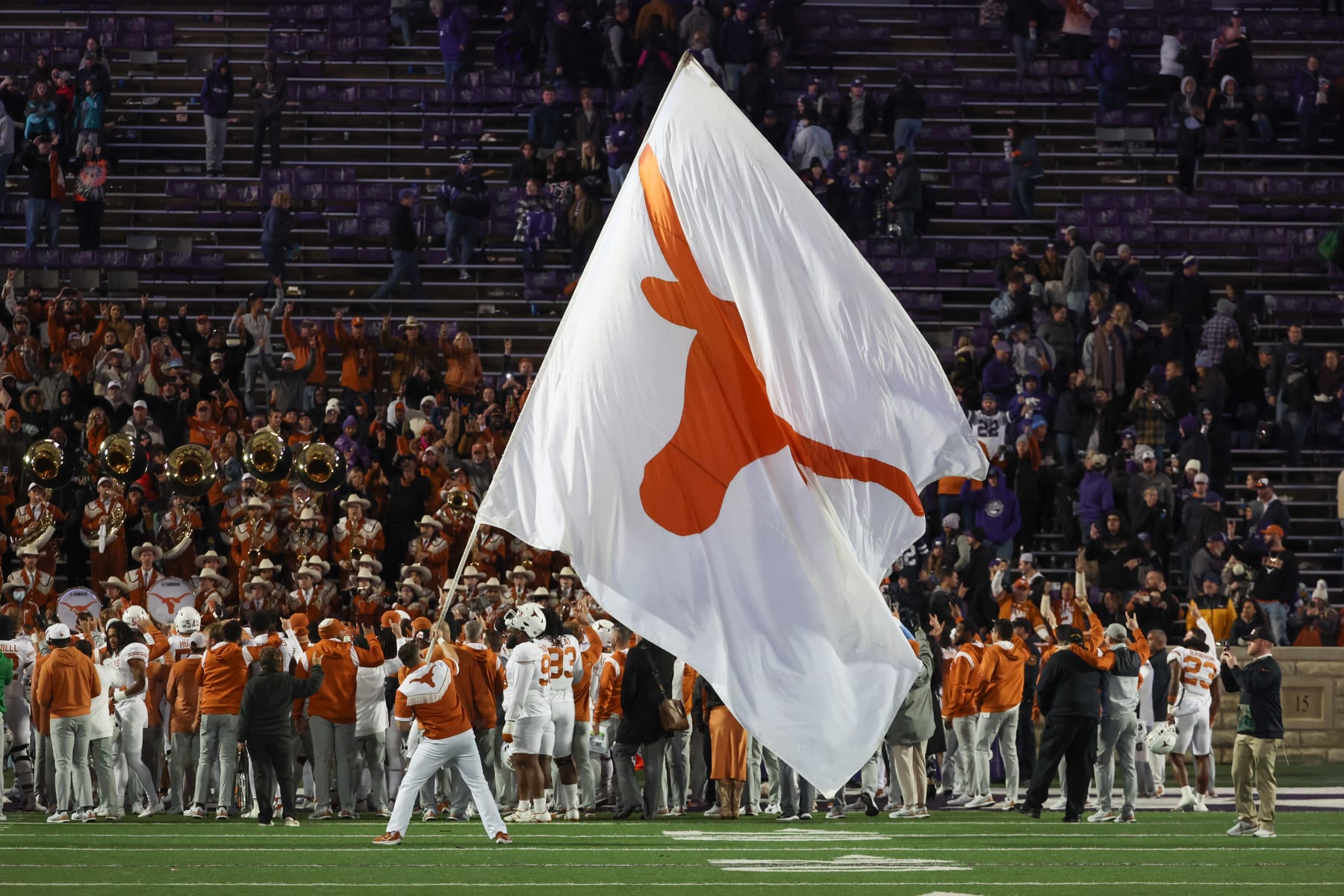 MANHATTAN, KS - NOVEMBER 05: A giant Texas Longhorns flag flies to celebrate a win after a Big 12 college football game between the Texas Longhorns and Kansas State Wildcats on November 5, 2022 at Bill Snyder Family Stadium in Manhattan, KS. (Photo by Scott Winters/Icon Sportswire via Getty Images)