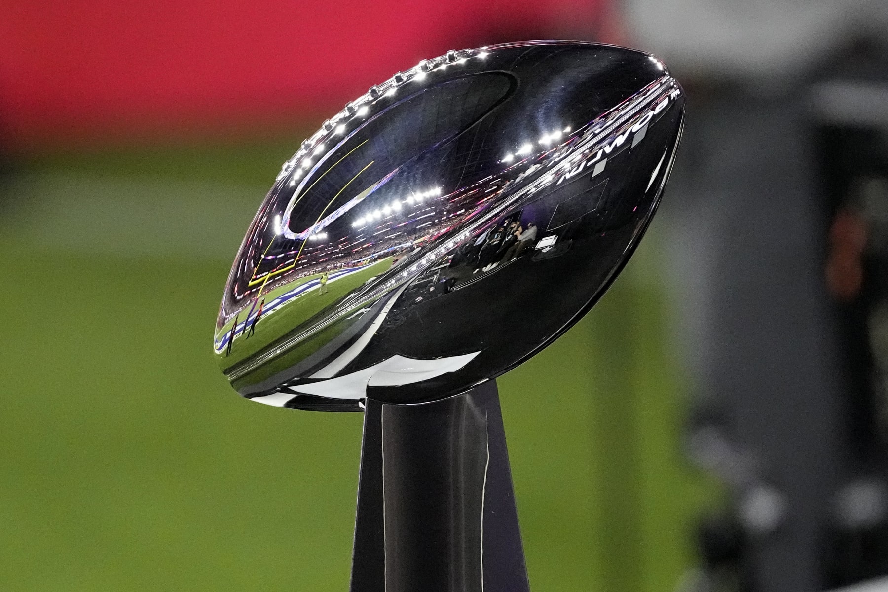 The the Lombardi Trophy is shown on the sidelines during the second half of the NFL Super Bowl 56 football game between the Cincinnati Bengals and the Los Angeles Rams, Sunday, Feb. 13, 2022, in Inglewood, Calif. (AP Photo/Tony Gutierrez)